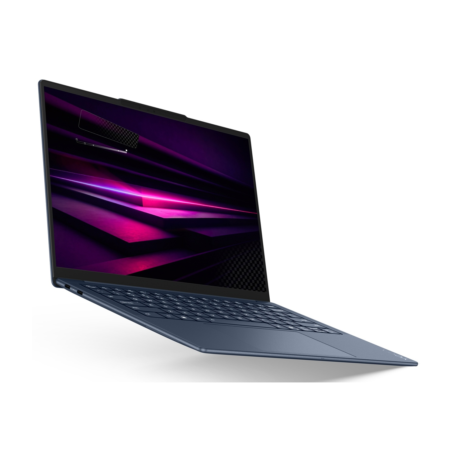 Un computer portatile blu fluttua leggermente inclinato, lo schermo mostra linee astratte rosa e viola.