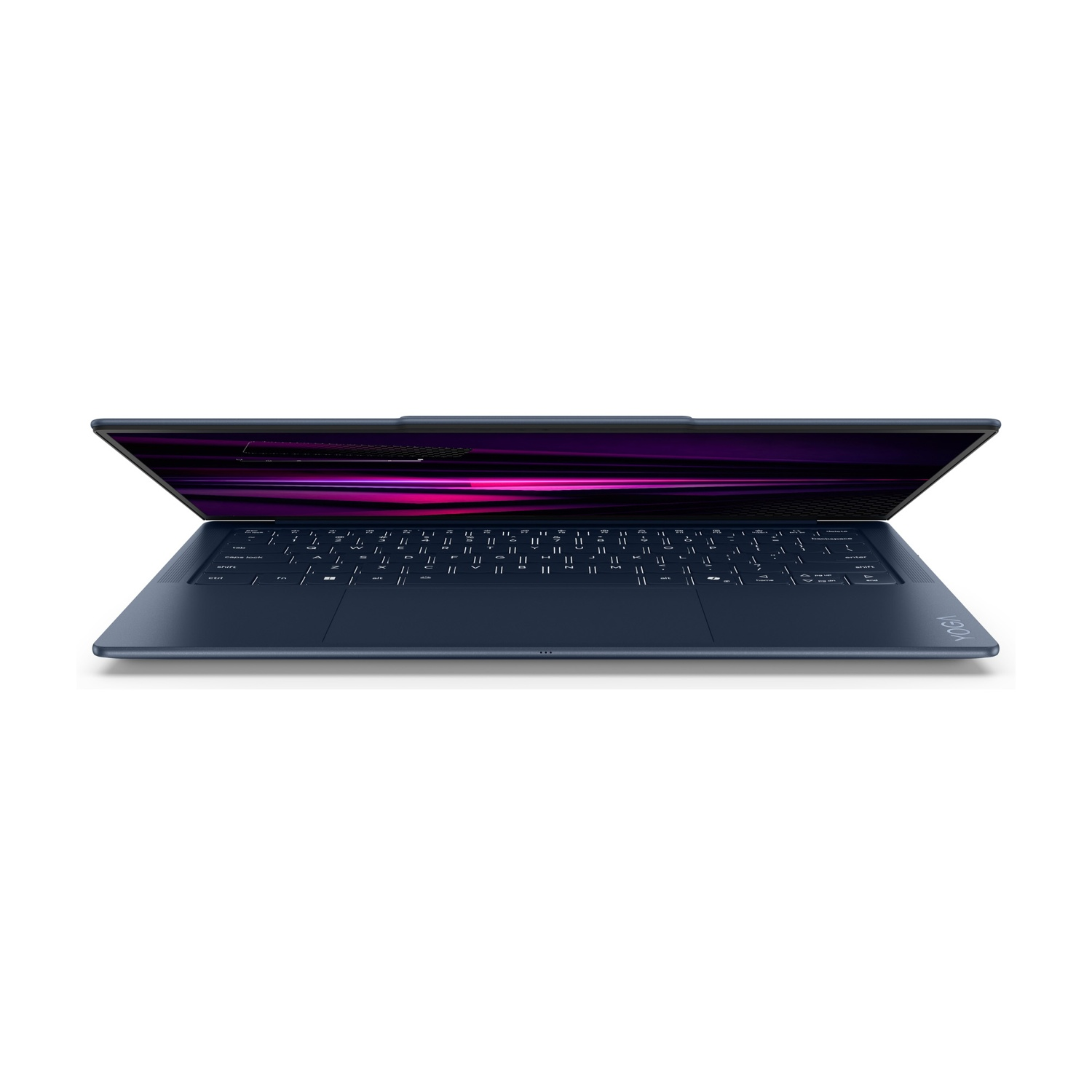 Vista frontale di un laptop blu con schermo illuminato e tastiera su sfondo bianco.