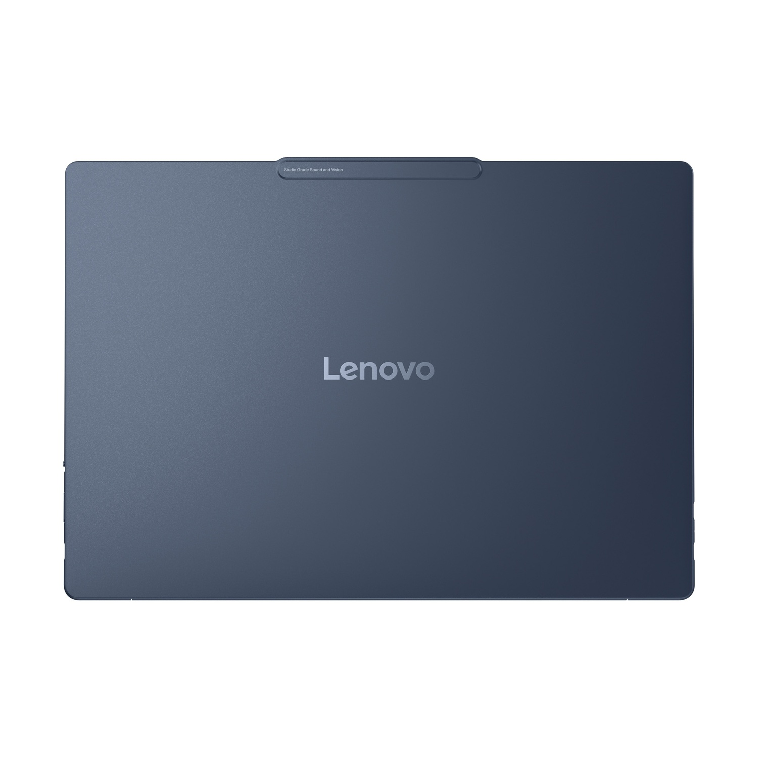 Il coperchio chiuso del laptop Lenovo blu presenta il logo Lenovo al centro.