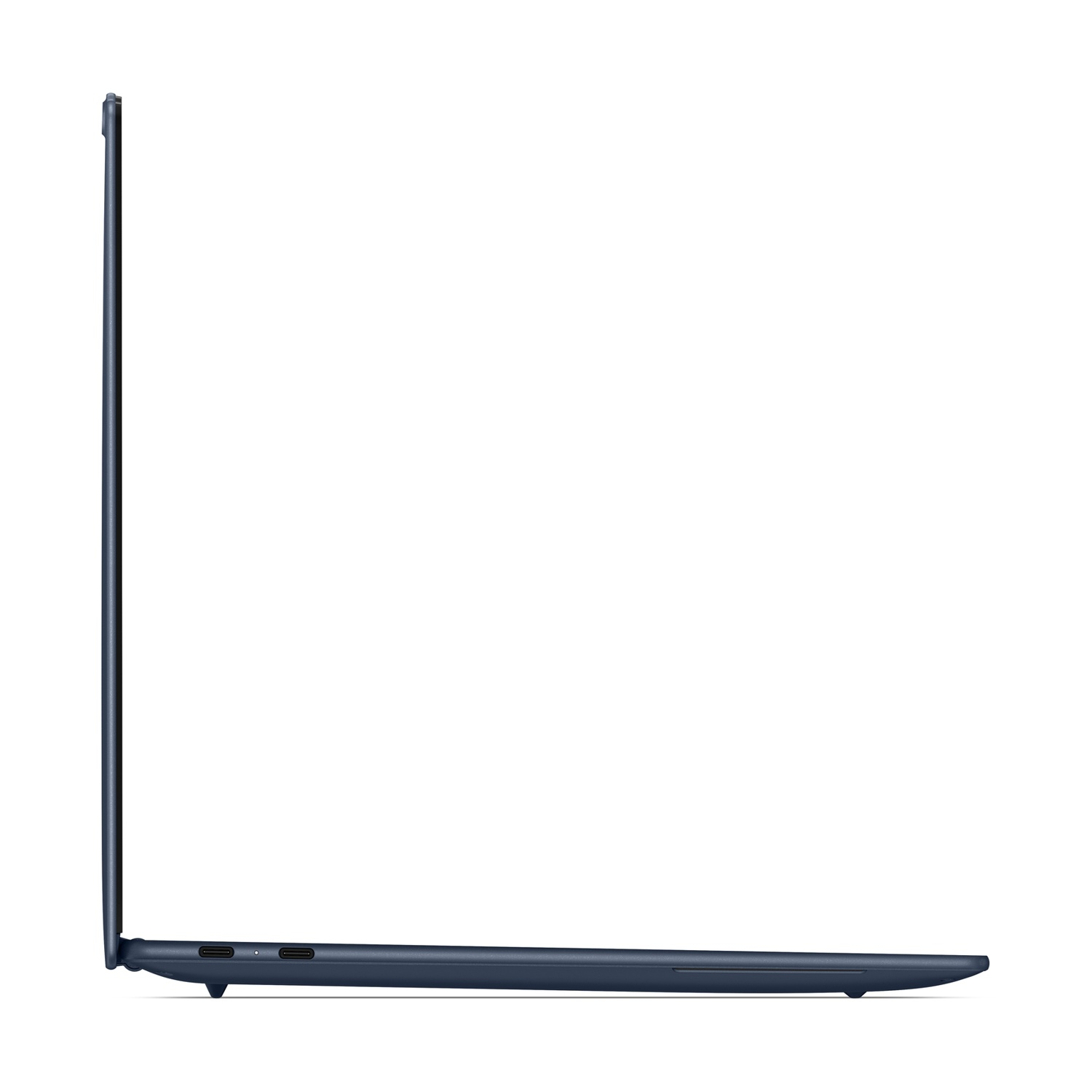 Vista laterale di un laptop blu chiuso su sfondo bianco, con porte visibili.