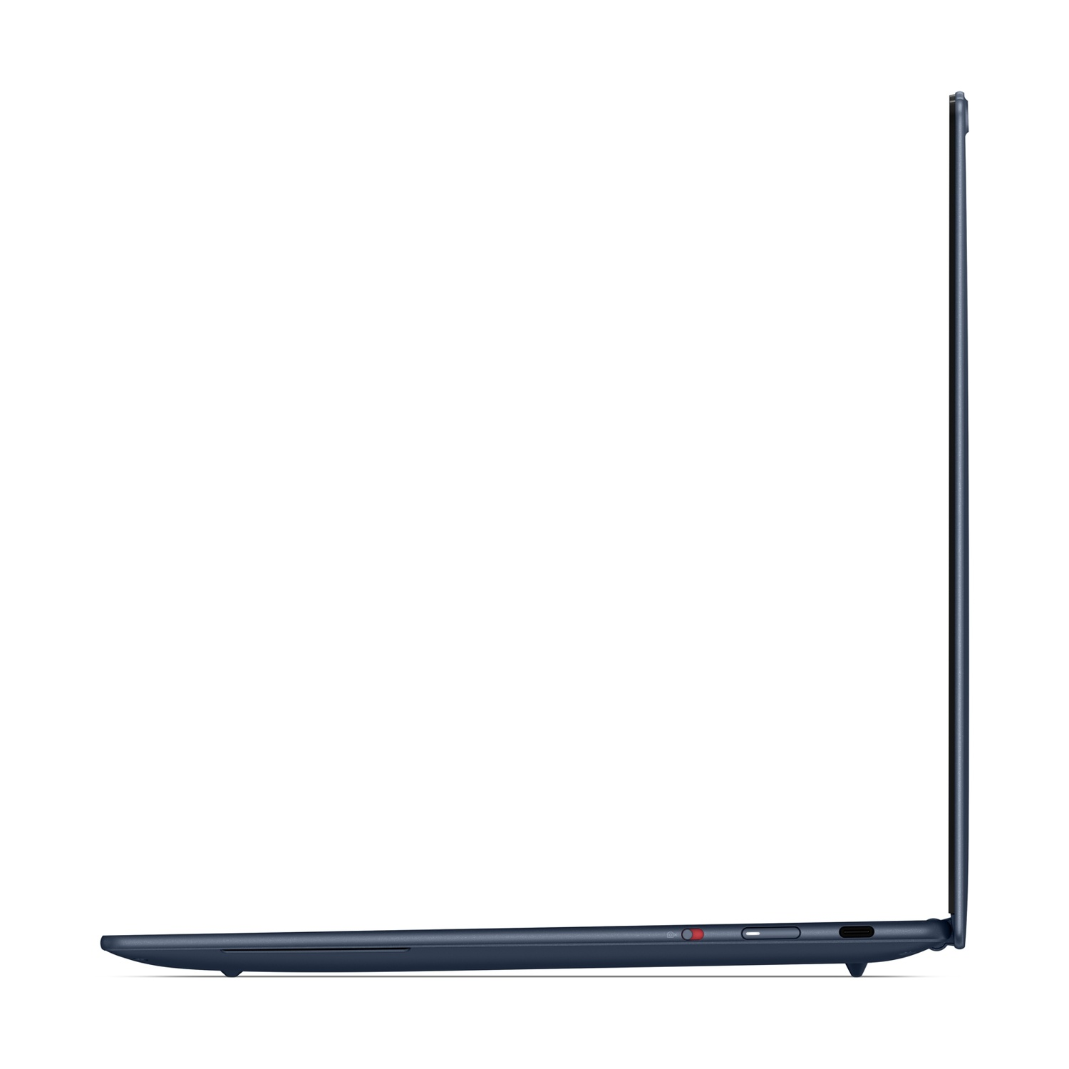 Vista laterale di un laptop sottile blu scuro su sfondo bianco, con porte e pulsanti visibili.