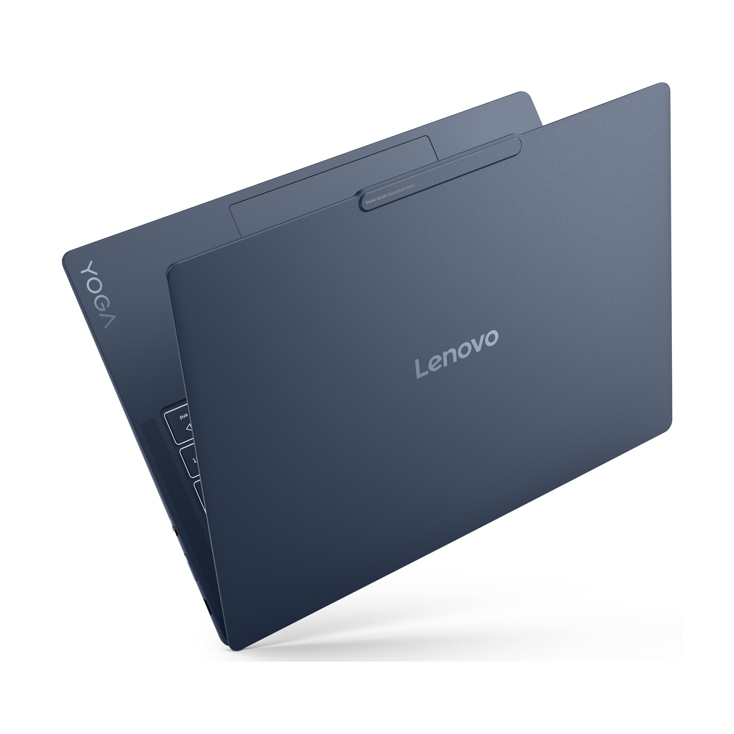 Laptop Lenovo Yoga blu chiuso su sfondo bianco con logo visibile.