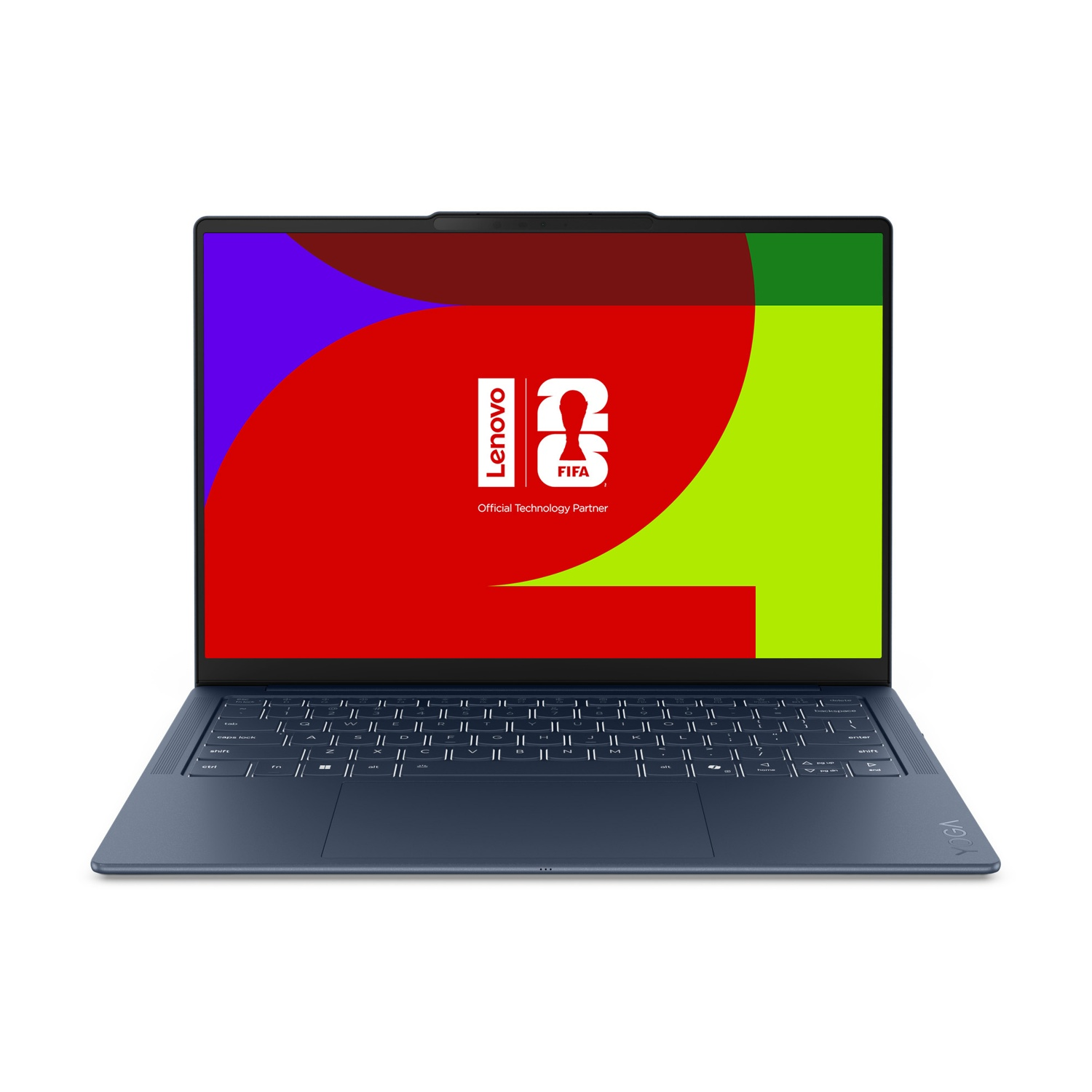 Un computer portatile Lenovo blu con il logo FIFA e forme colorate sullo schermo.