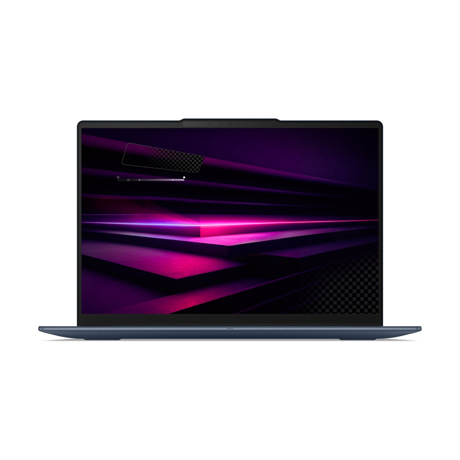 Un computer portatile blu con uno sfondo astratto luminoso nei toni del viola e del rosa sullo schermo.