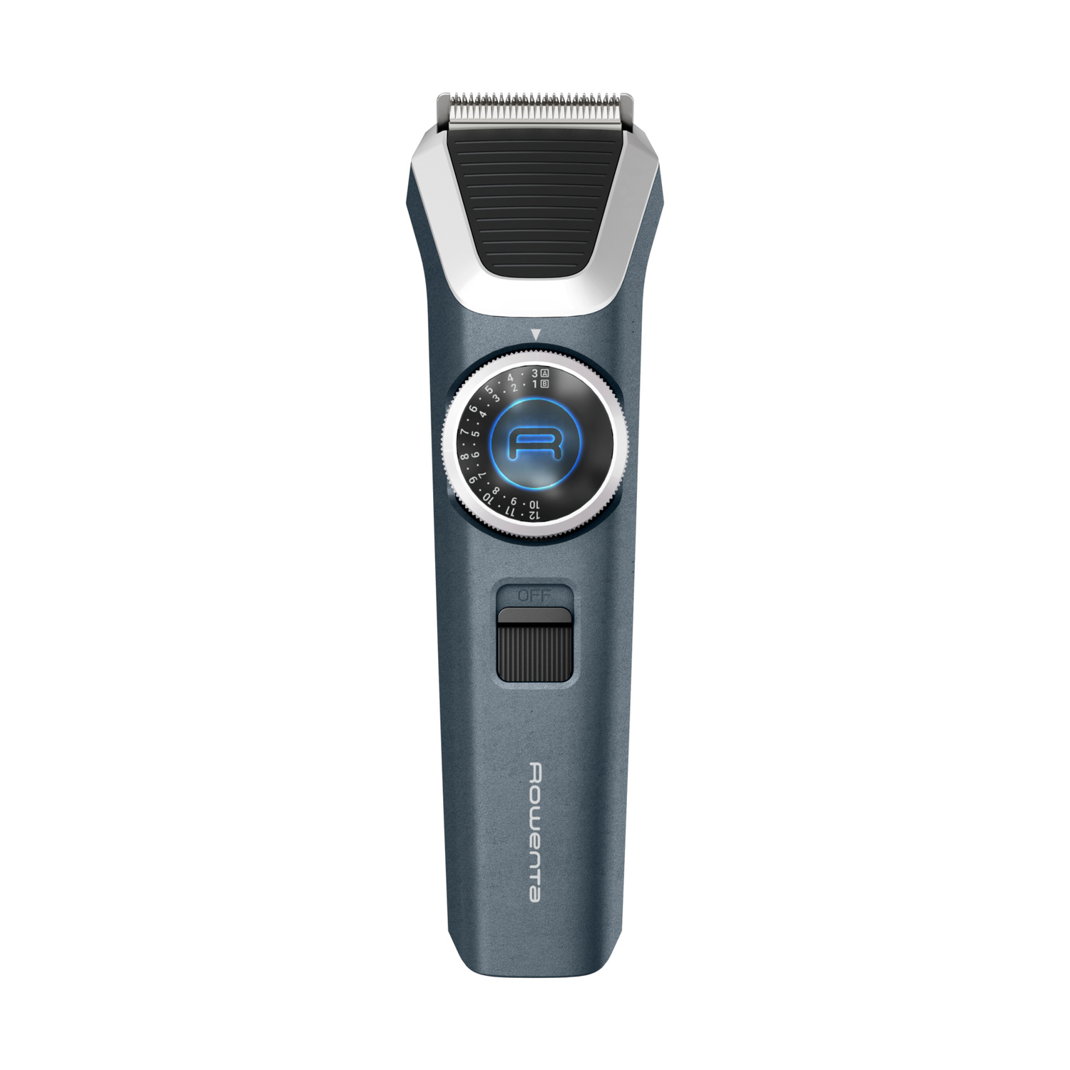 Un trimmer per barba Rowenta blu con dettagli argento, ghiere di regolazione rotonde e un pulsante di accensione blu luminoso.