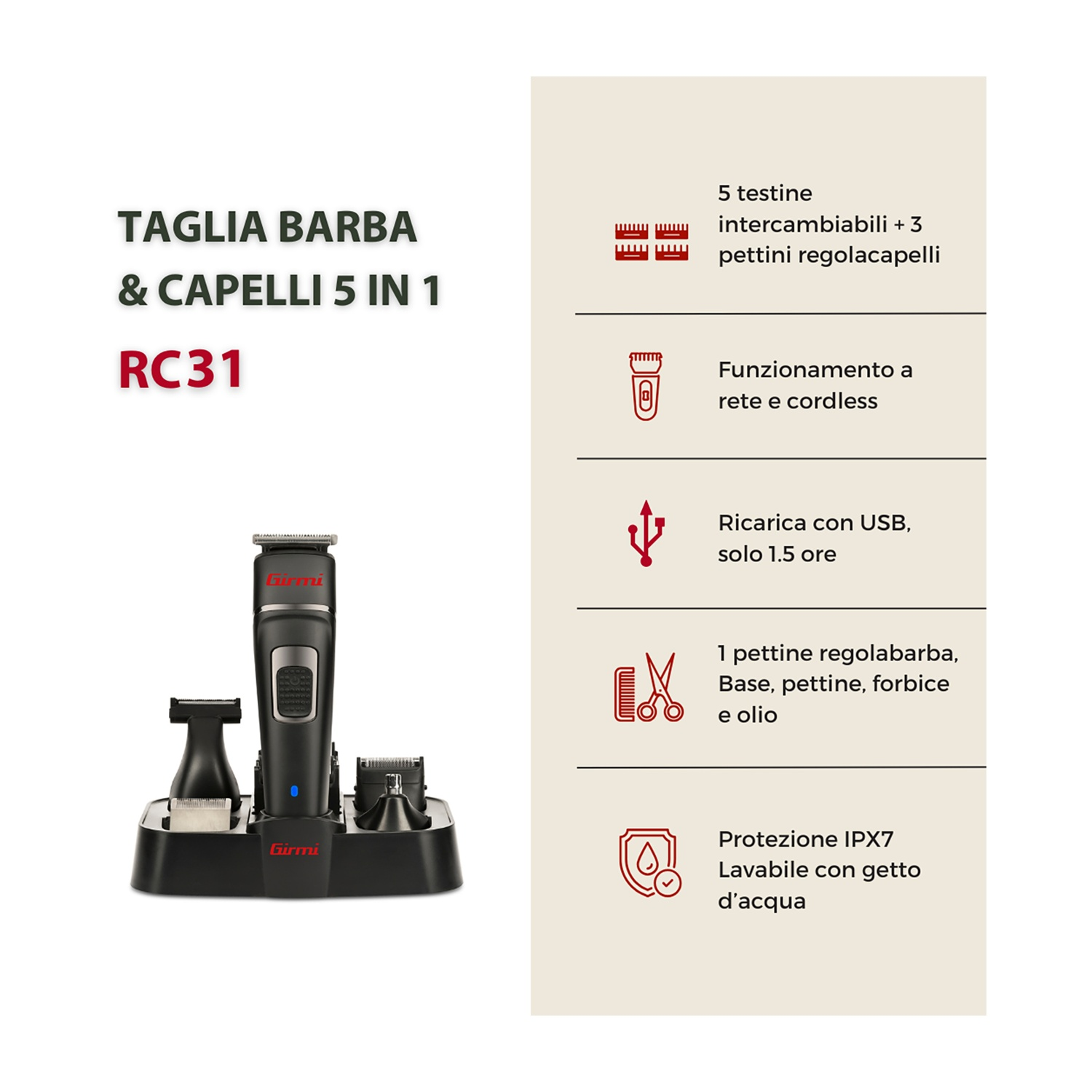 Tagliacapelli e barba Girmi RC31 5 in 1 con base di ricarica, accessori e elenco delle funzioni.