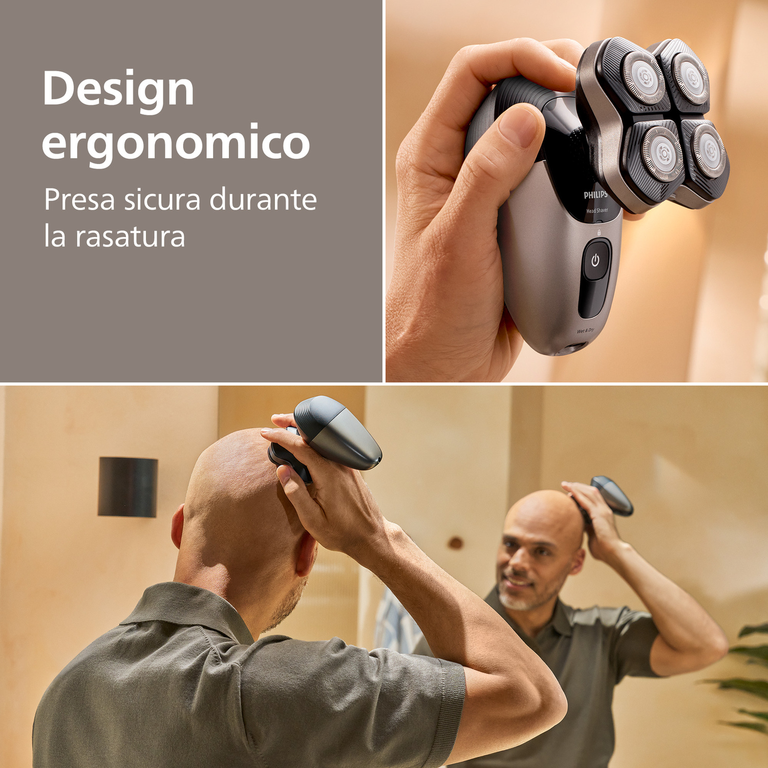 Una mano regge un rasoio per testa Philips ergonomico con quattro lame rotanti davanti a uno specchio.