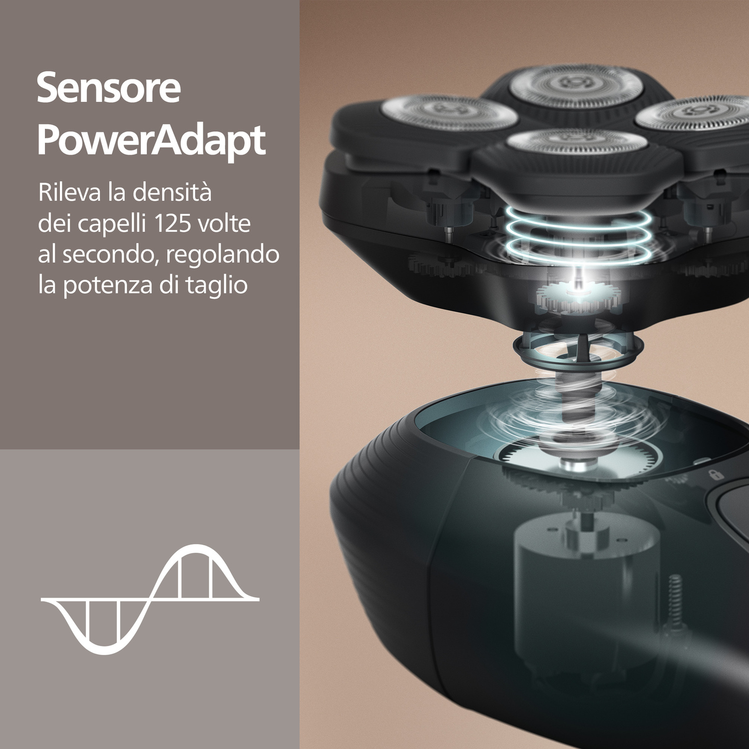 Vista esplosa di un rasoio elettrico, con motore interno e lame rotanti su sfondo marrone.