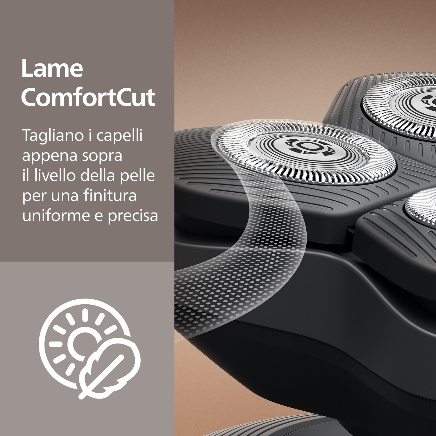 Primo piano delle testine di rasatura ComfortCut con testo e icona.