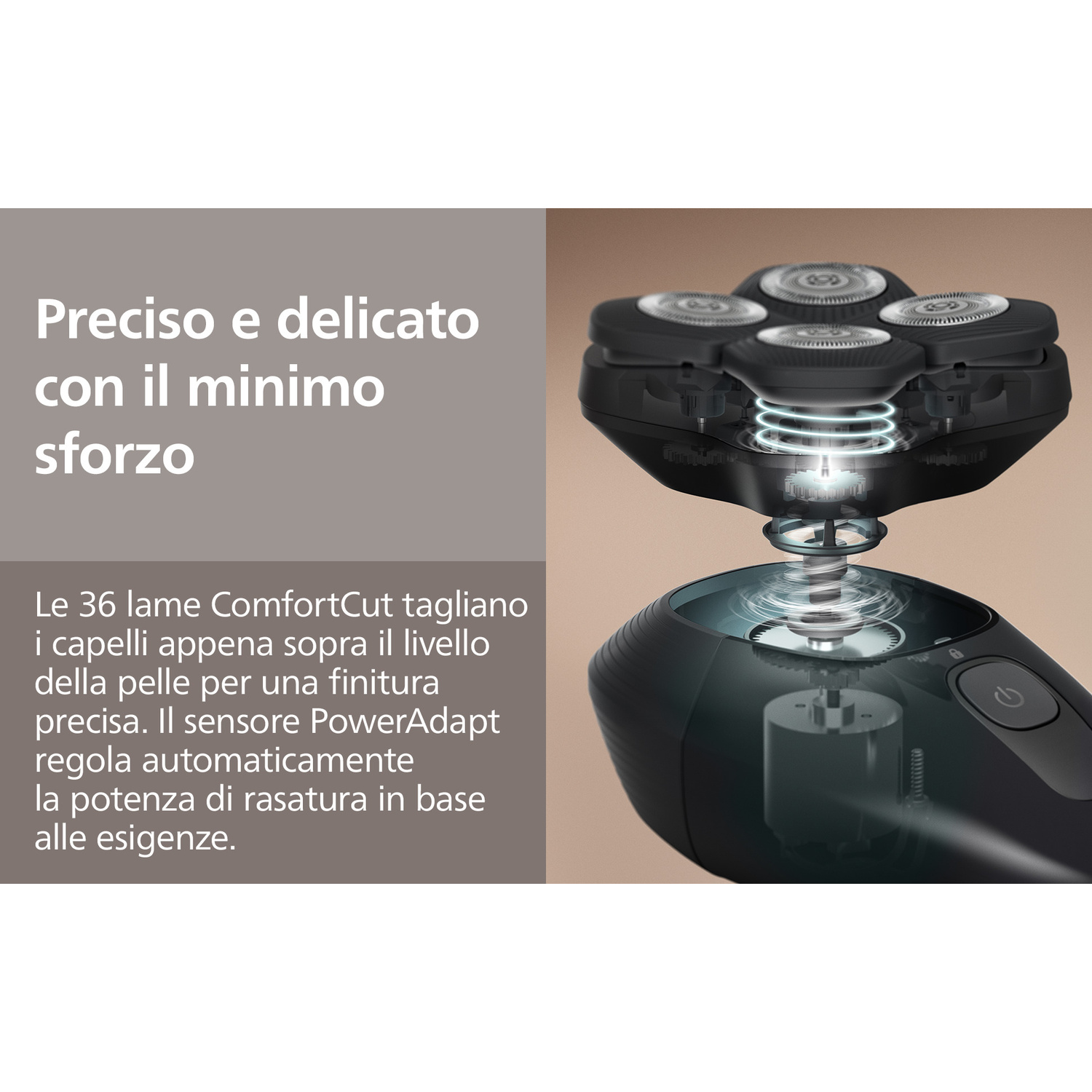 Diagramma di un rasoio elettrico con lame rotanti e motore interno, con testo in italiano a sinistra.