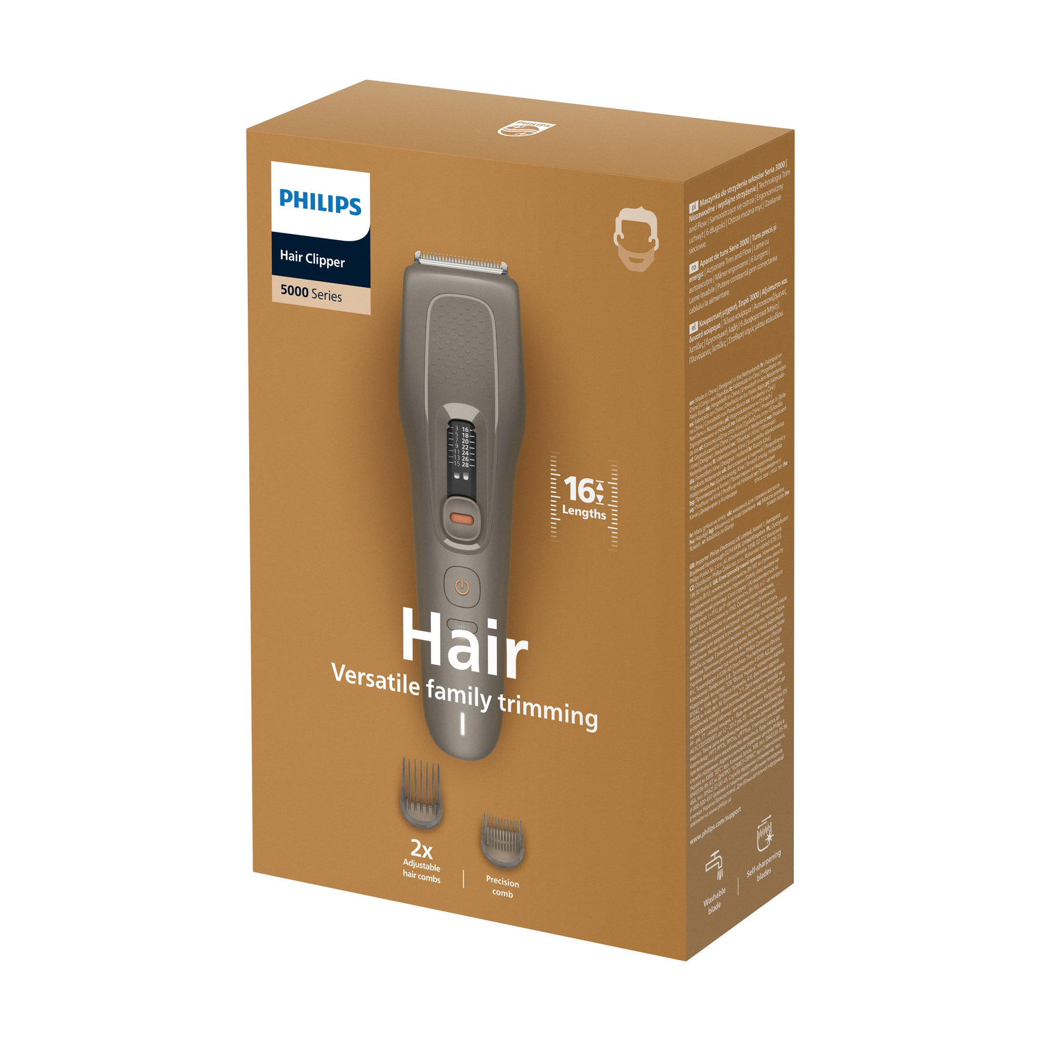 Scatola Philips Hair Clipper Serie 5000 con tagliacapelli grigio e due pettini su sfondo marrone.