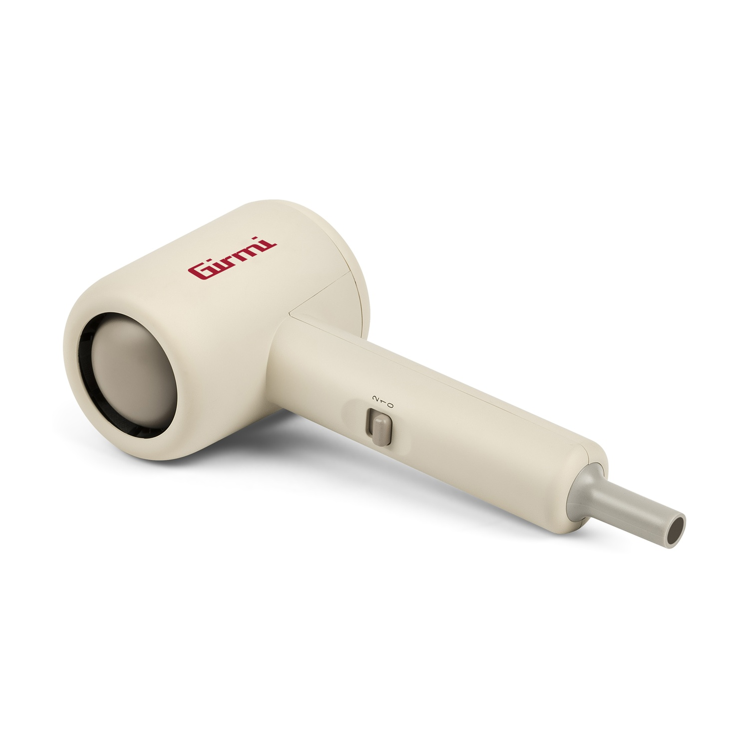 Asciugacapelli compatto beige Girmi con logo rosso su sfondo bianco.
