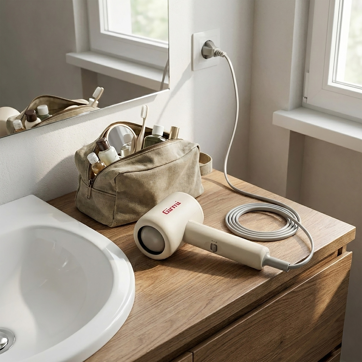 Asciugacapelli beige su bancone in legno accanto a lavandino e borsa da toilette.
