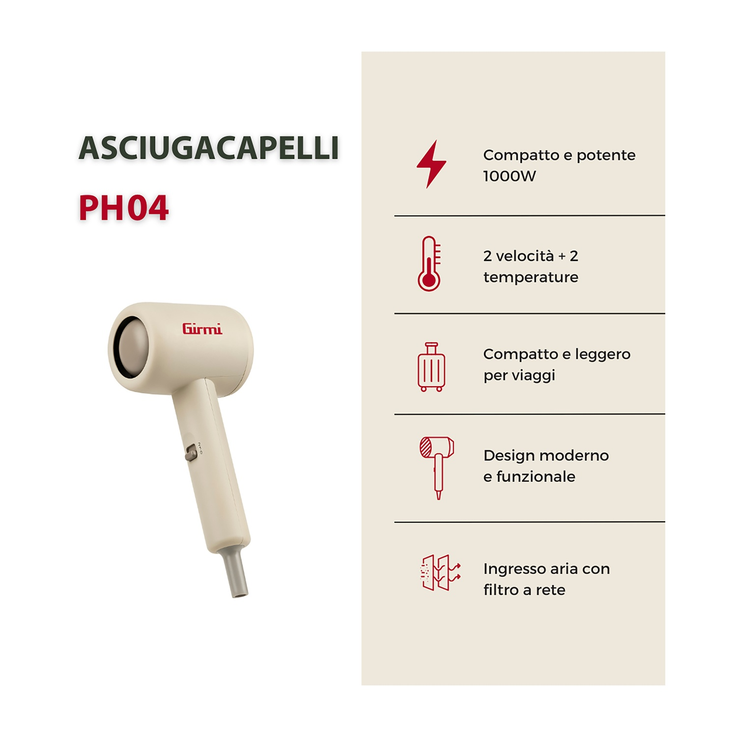 Asciugacapelli Girmi PH04 beige con caratteristiche tecniche e icone su sfondo beige.