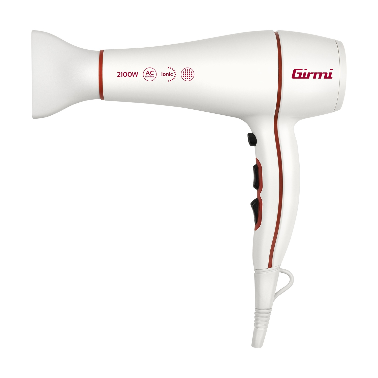Un asciugacapelli Girmi bianco con dettagli rossi, 2100W, motore AC e beccuccio su sfondo bianco.