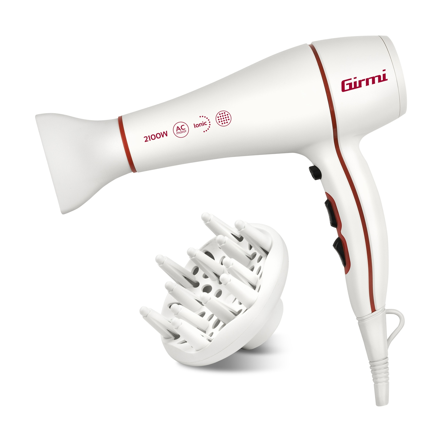 Un asciugacapelli bianco Girmi da 2100W con dettagli rossi e un diffusore.