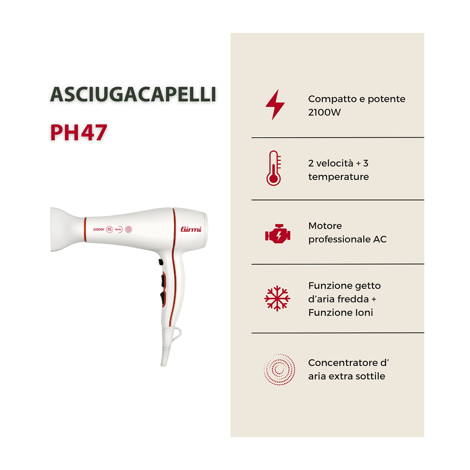 Asciugacapelli bianco con dettagli rossi e specifiche tecniche su sfondo beige.