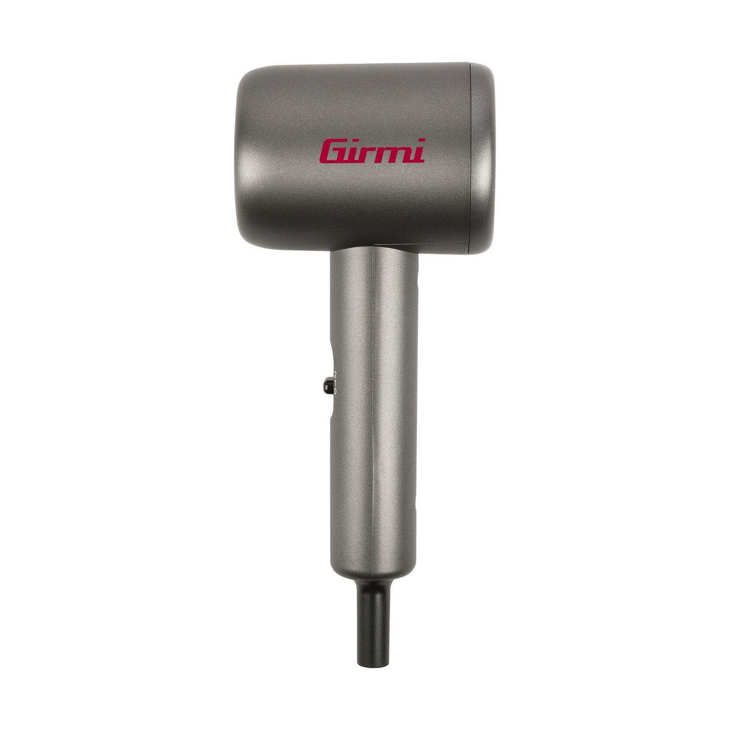 Asciugacapelli Girmi grigio con logo rosso, isolato su sfondo bianco.