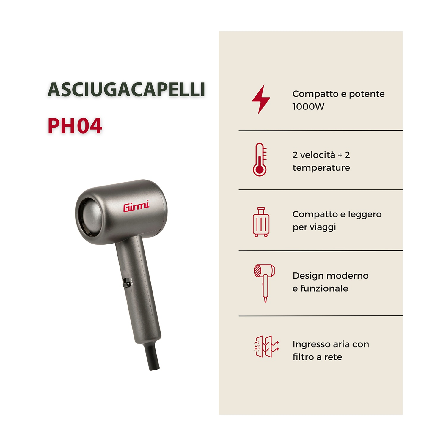 Asciugacapelli grigio Girmi PH04 con dettagli del prodotto e icone a destra.