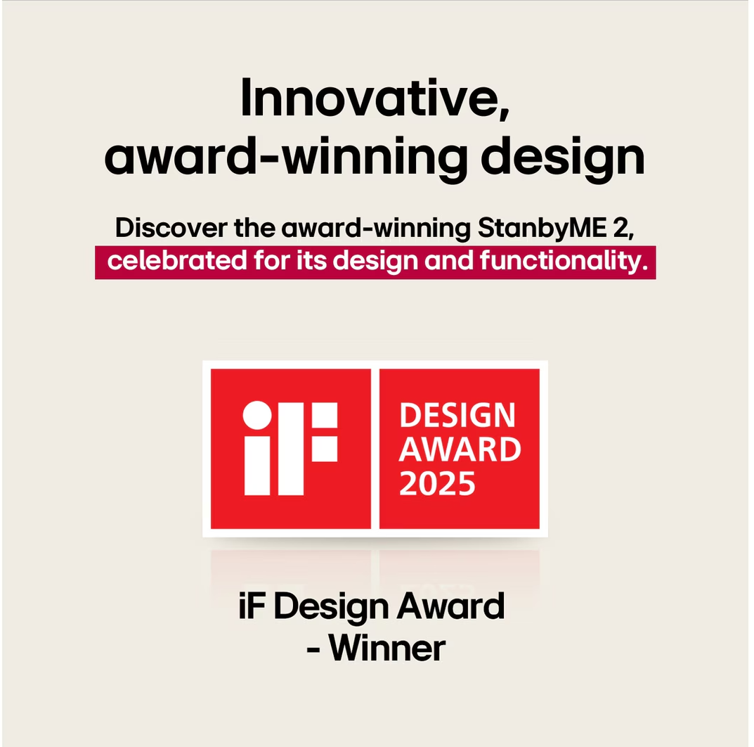 A kép a StanbyME 2 termék iF Design Award 2025 győztesét hirdeti, vörös logóval.