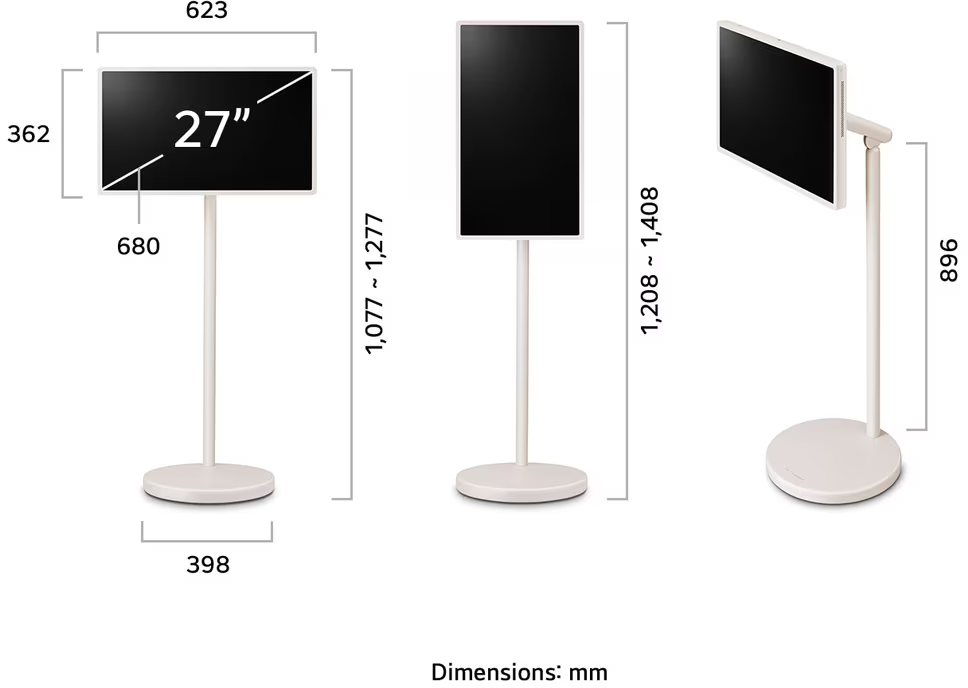 Egy 27 hüvelykes kijelző állványon, milliméterben megadott méretekkel.
