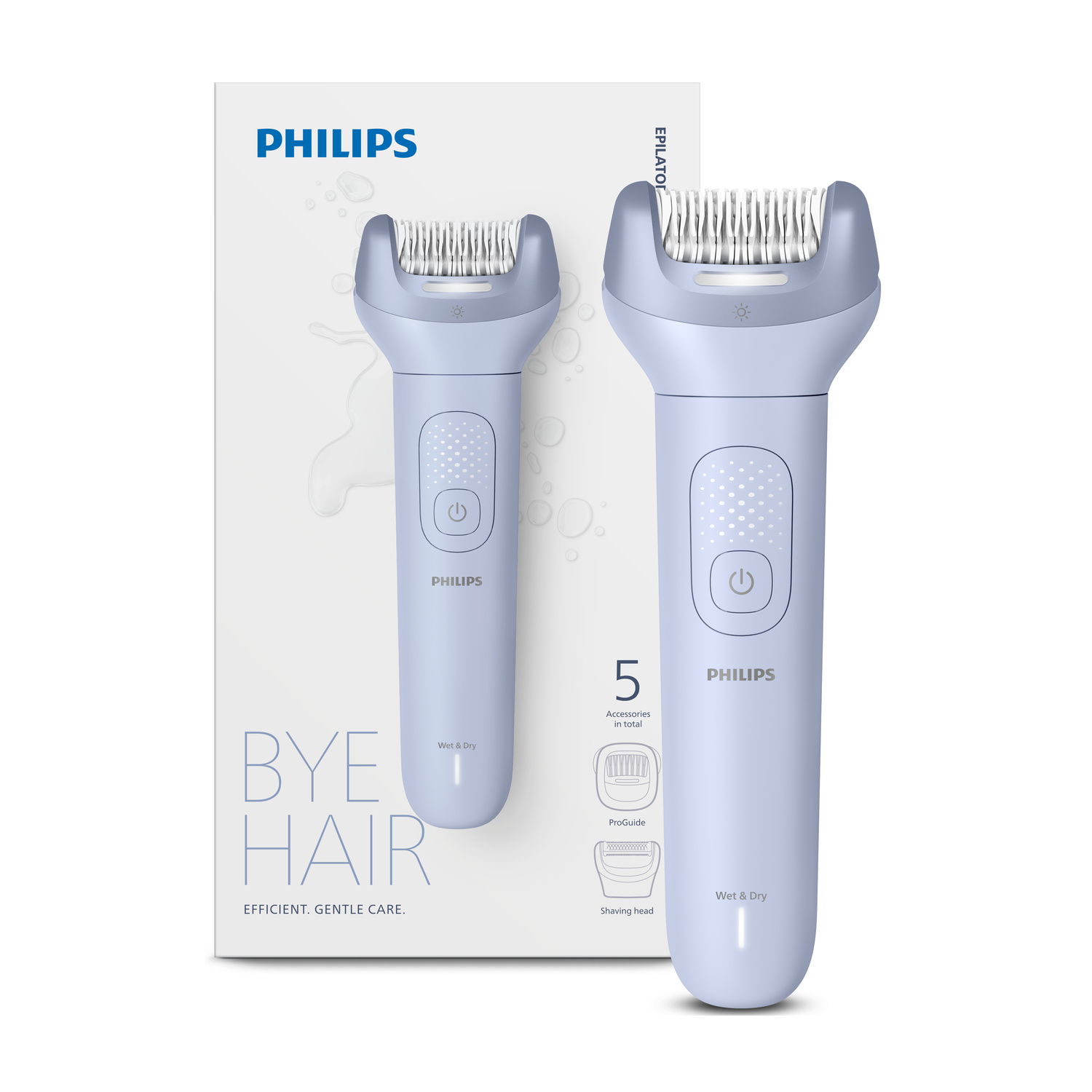 Due epilatori Philips azzurri davanti alla confezione del prodotto con testo e gocce d'acqua.