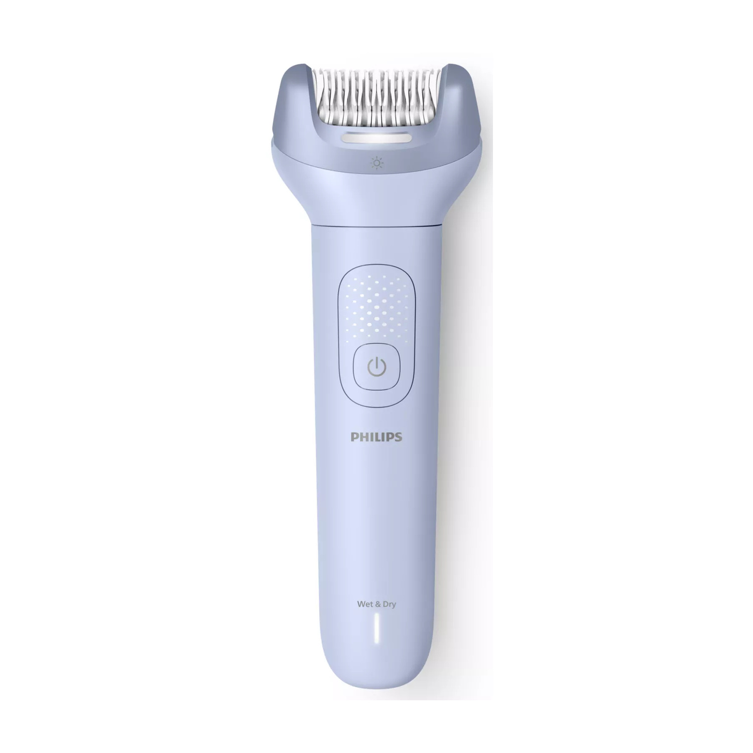 Epilatore wet and dry Philips azzurro chiaro con testina bianca su sfondo bianco.