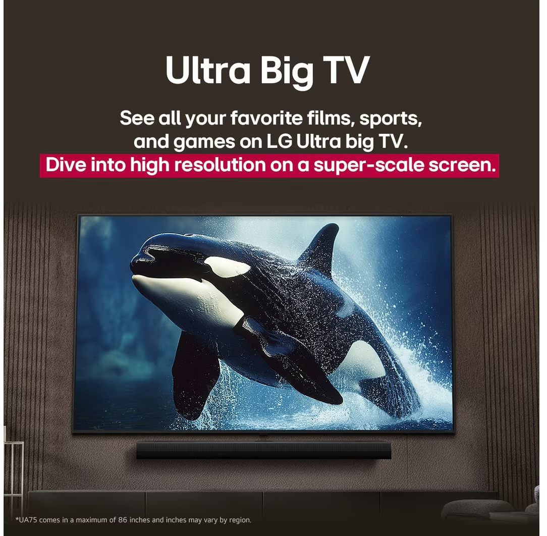Promóciós kép egy LG Ultra Big TV-ről, amelyen egy ugró orka látható a képernyőn és egy hangsáv alatta.
