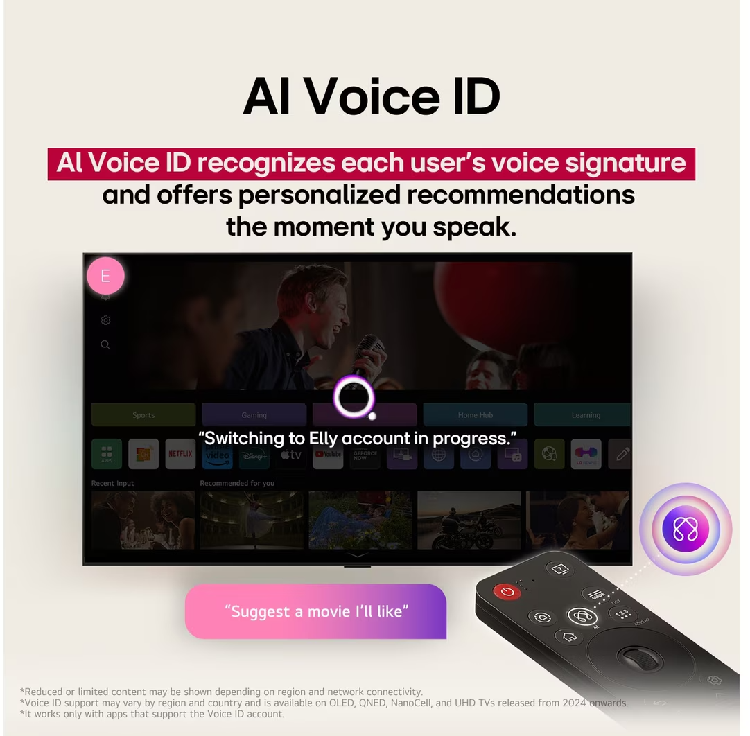 A TV képernyőjén az AI Voice ID hang alapján ismeri fel a felhasználót a személyre szabott ajánlásokért.