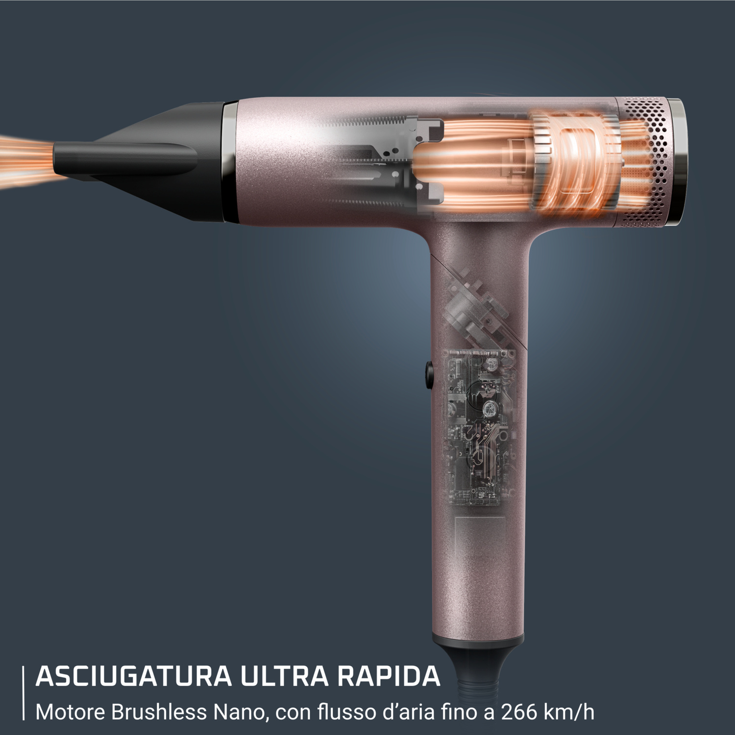 Sezione di un asciugacapelli oro rosa che mostra il motore e il flusso d'aria.