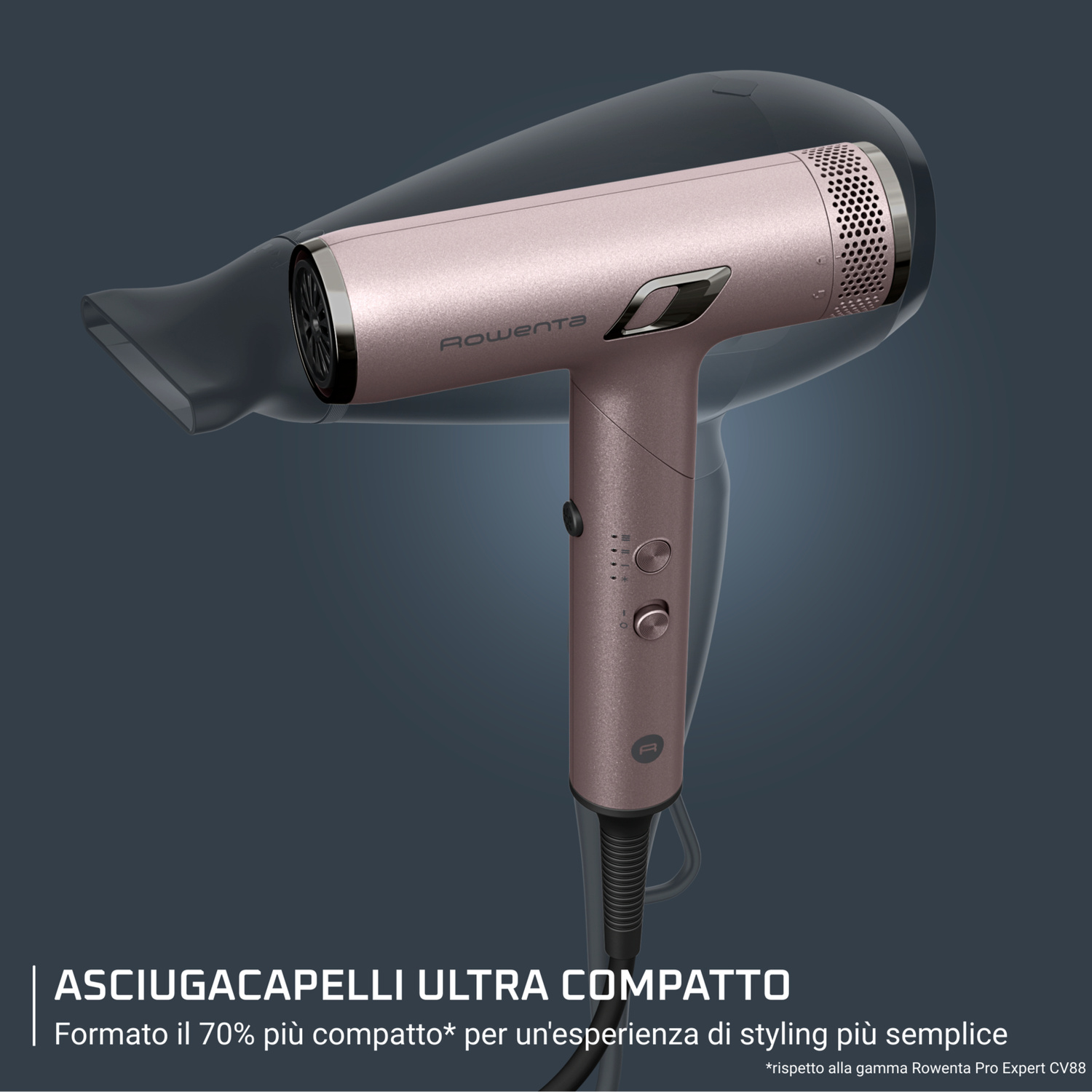 Asciugacapelli Rowenta rosa compatto accanto a un modello standard.