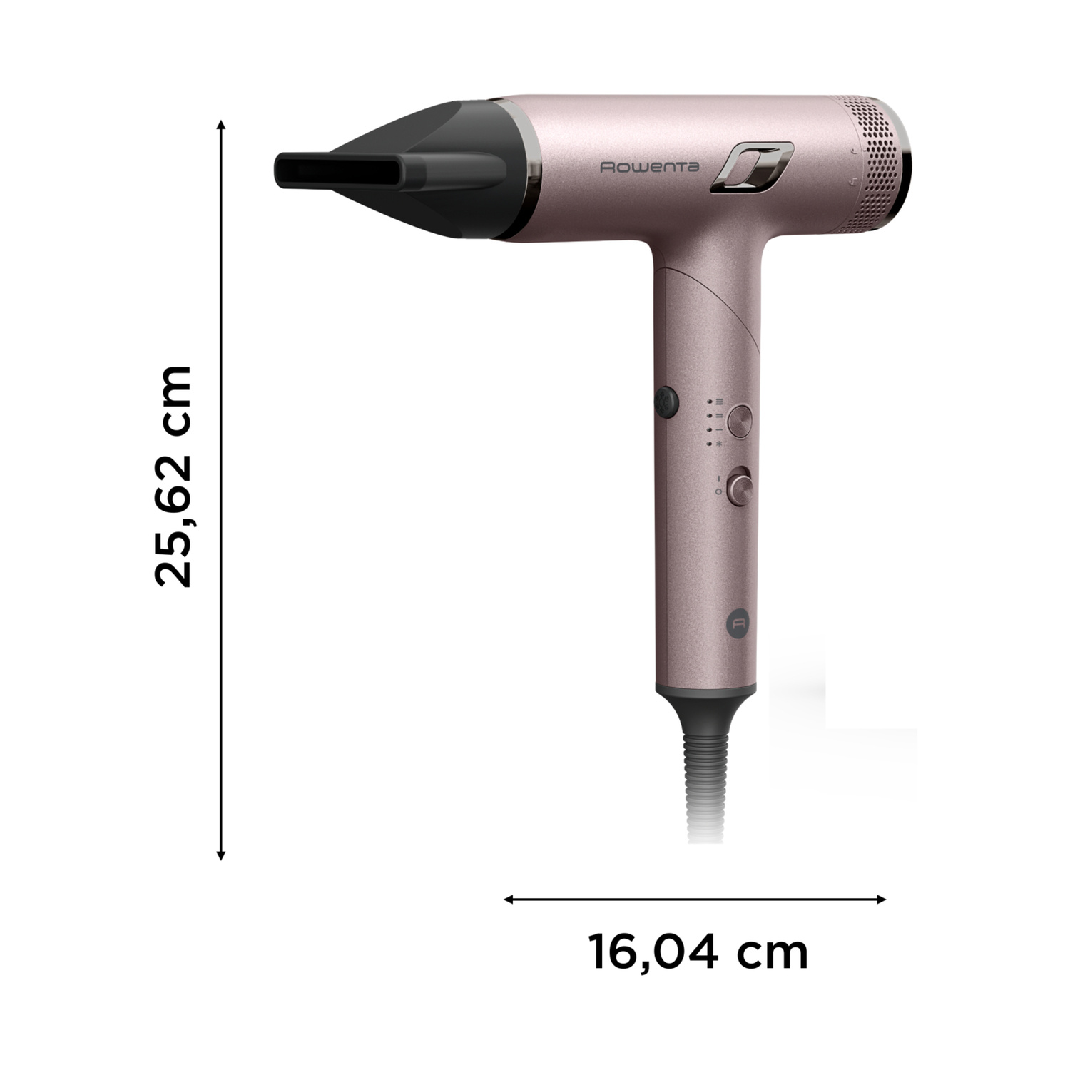 Un moderno asciugacapelli Rowenta rosa con beccuccio nero, cavo e dimensioni di 25,62 cm per 16,04 cm.