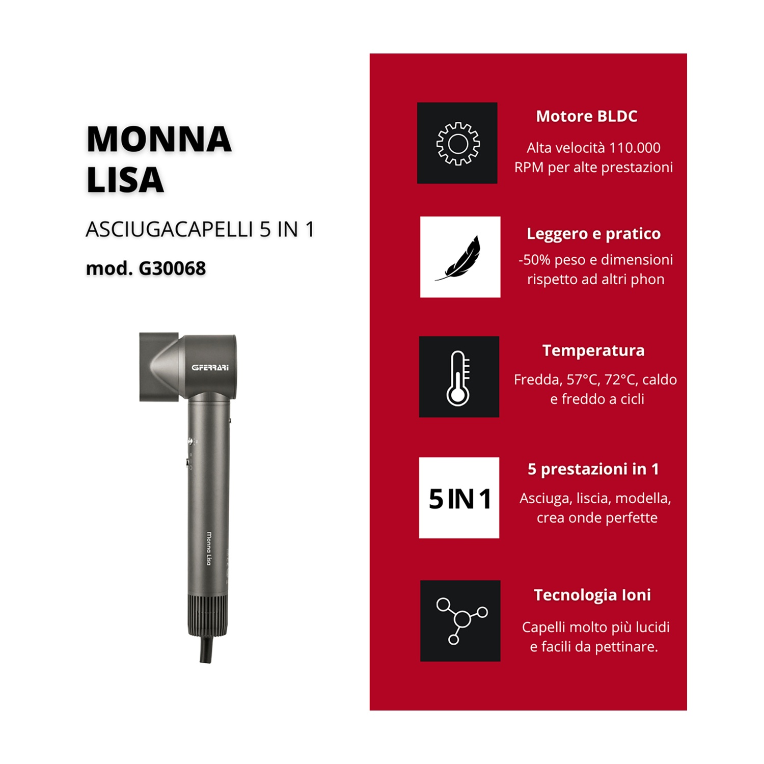 Pubblicità dell'asciugacapelli Monna Lisa 5 in 1 con motore BLDC, design leggero e tecnologia a ioni.