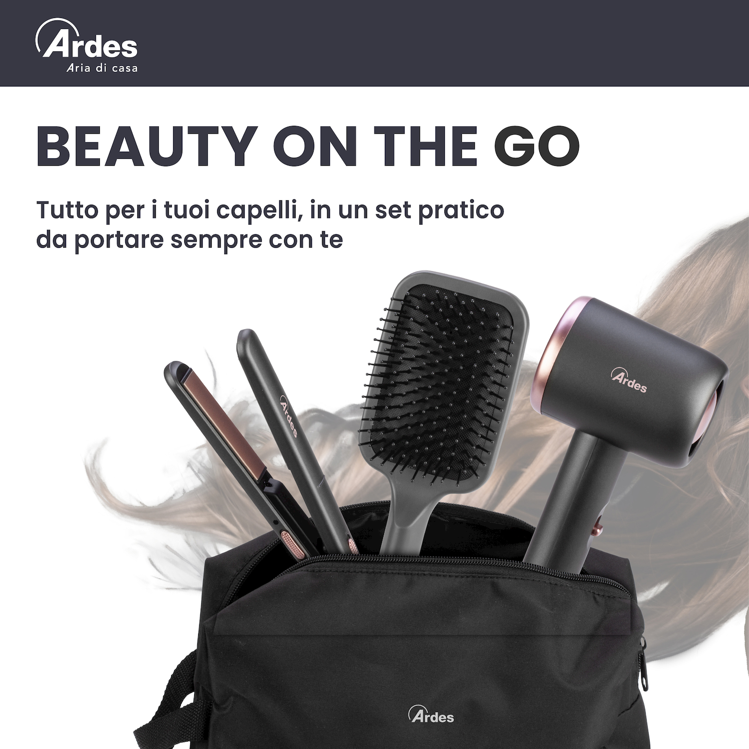 Set per capelli Ardes in pochette nera con asciugacapelli, spazzola e piastra.