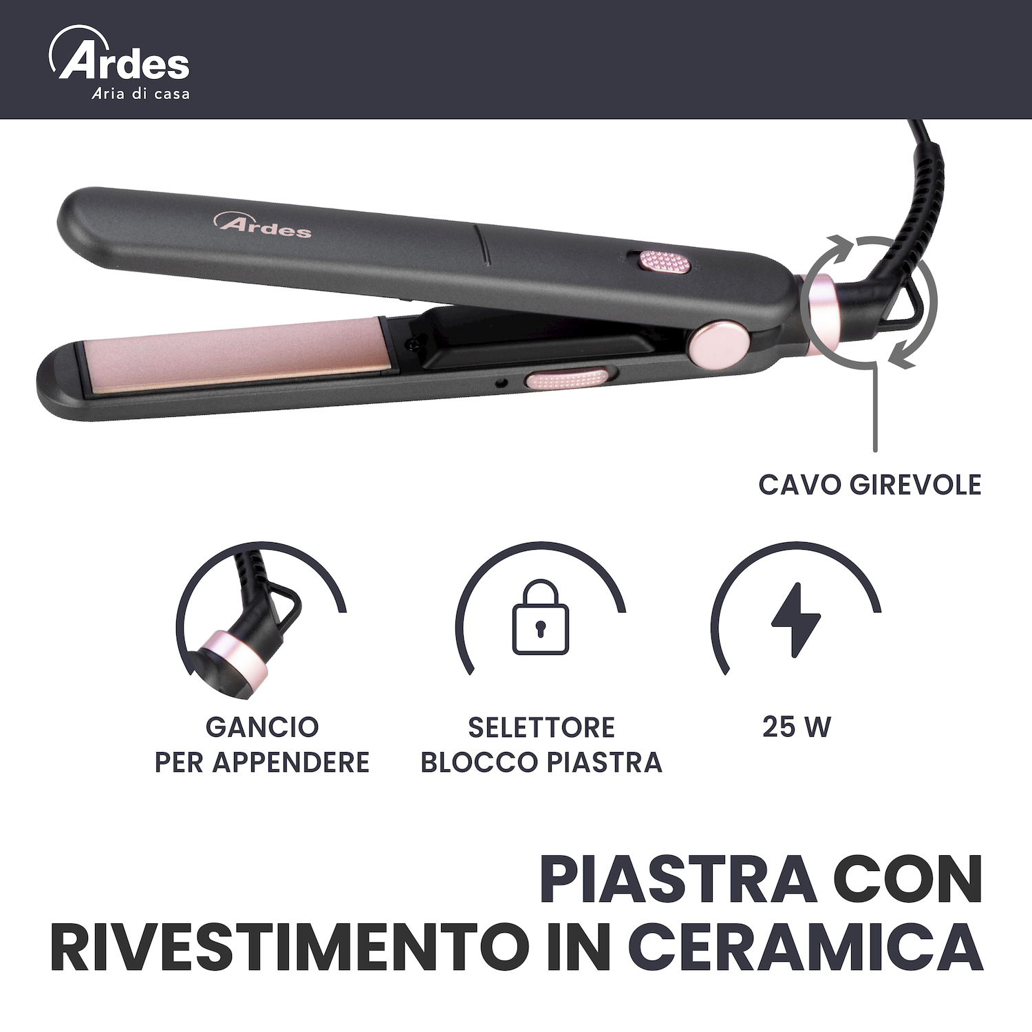 Piastra per capelli Ardes grigio scuro con piastre in ceramica rosè e funzioni pratiche come cavo girevole e blocco.