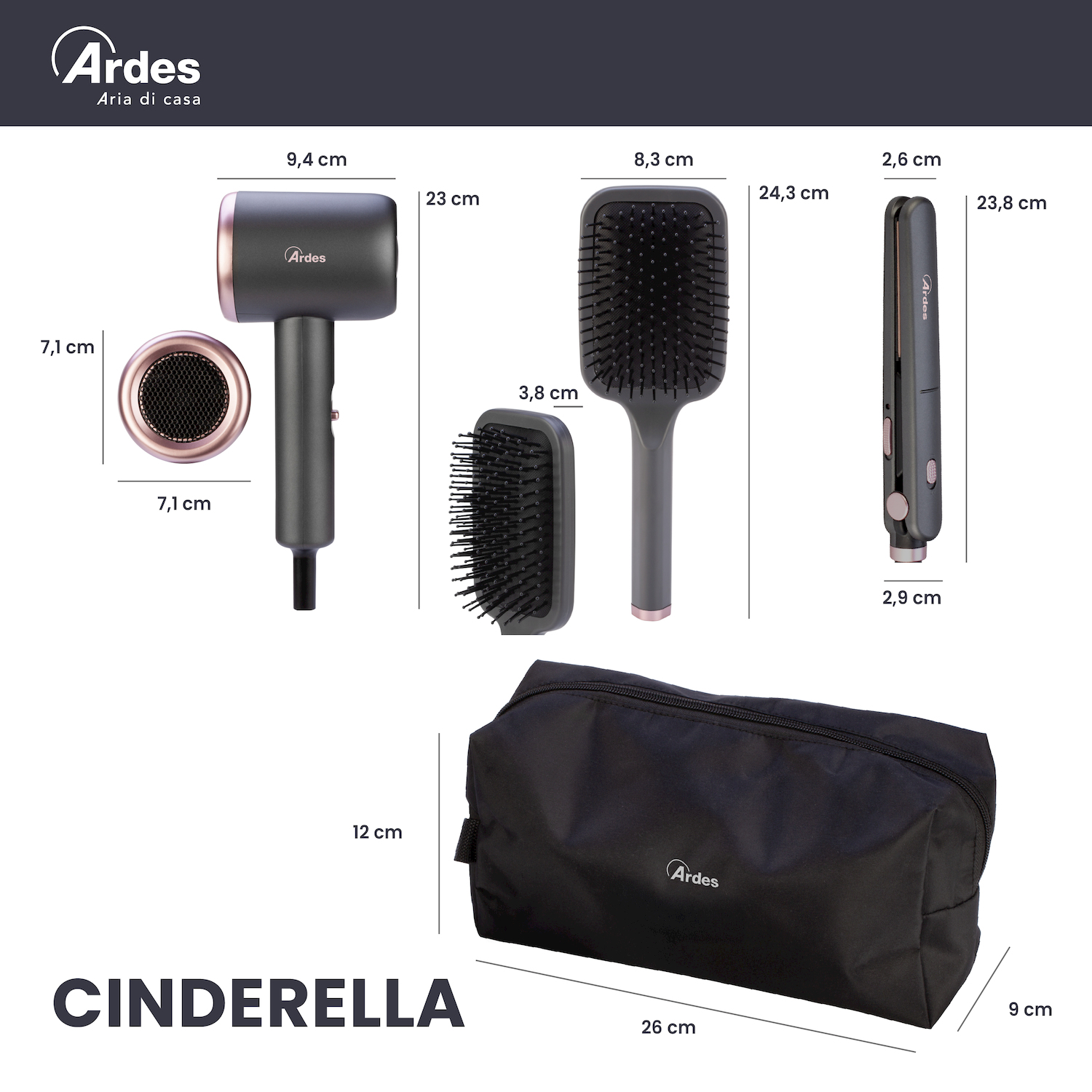 Set per capelli grigio e rosa con phon, spazzole, piastra e borsetta, con dimensioni.
