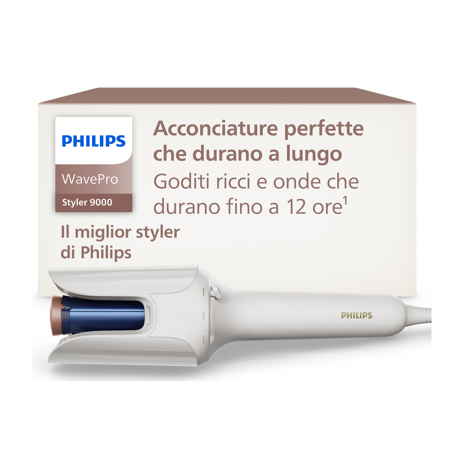 Un arricciacapelli bianco Philips Styler 9000 davanti a una scatola con testo promozionale in italiano.