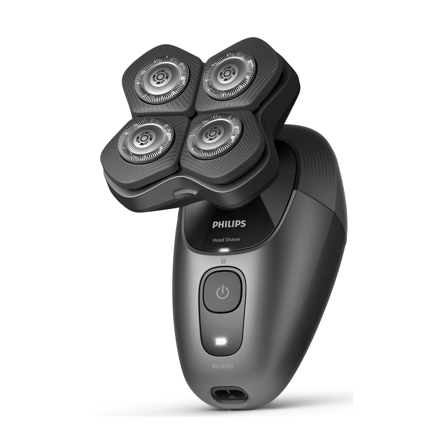 Un rasoio per testa Philips grigio wet and dry con quattro testine rotanti e un pulsante di accensione centrale.