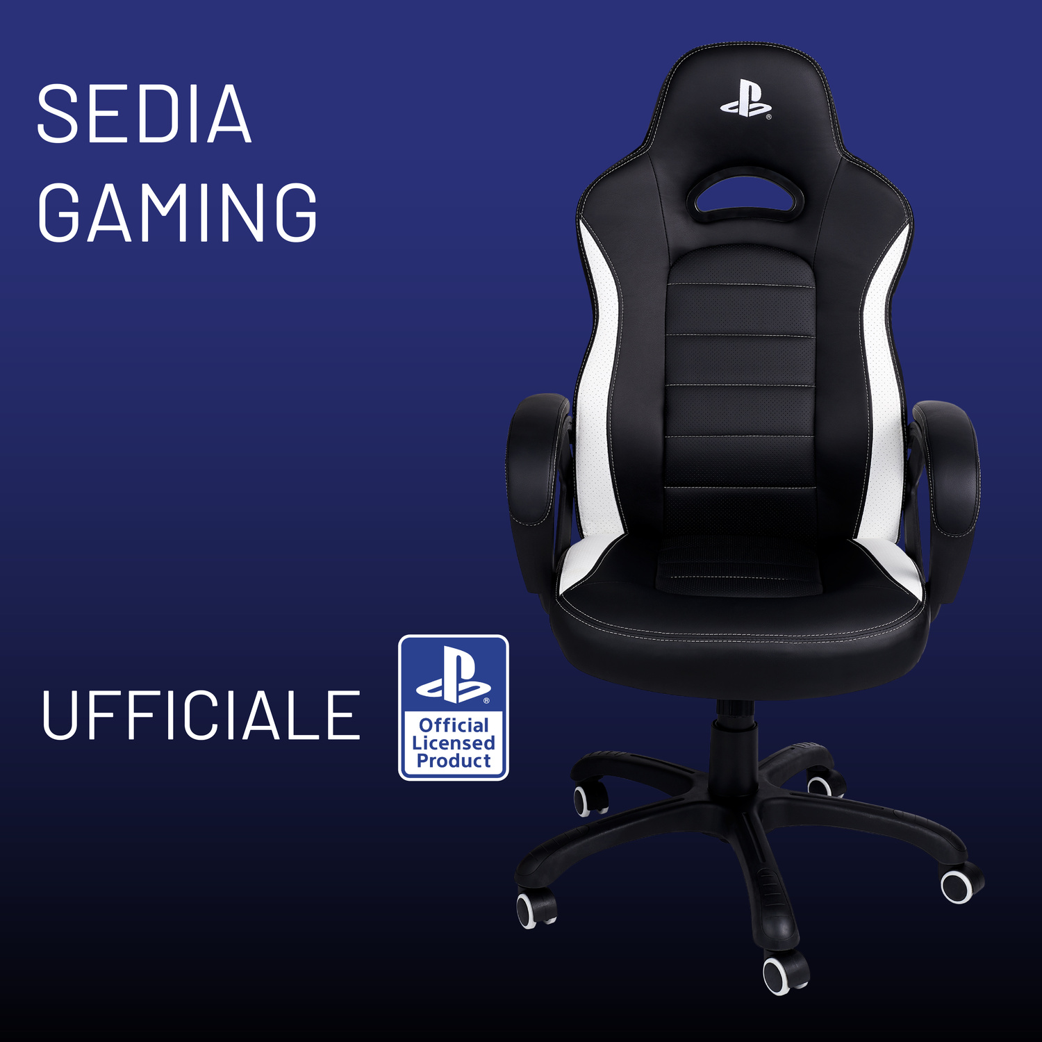 Sedia da gioco PlayStation nera e bianca su sfondo blu con testo.