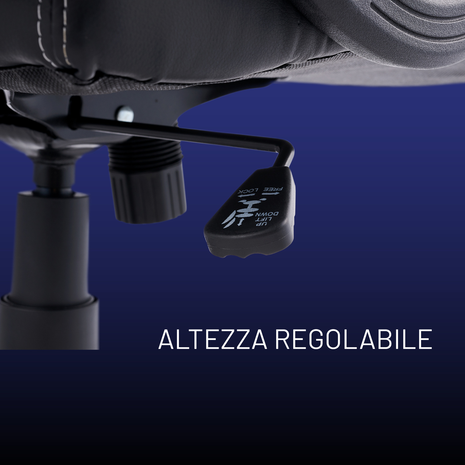 Leva regolabile sotto la sedia da ufficio nera con la scritta Altezza Regolabile.