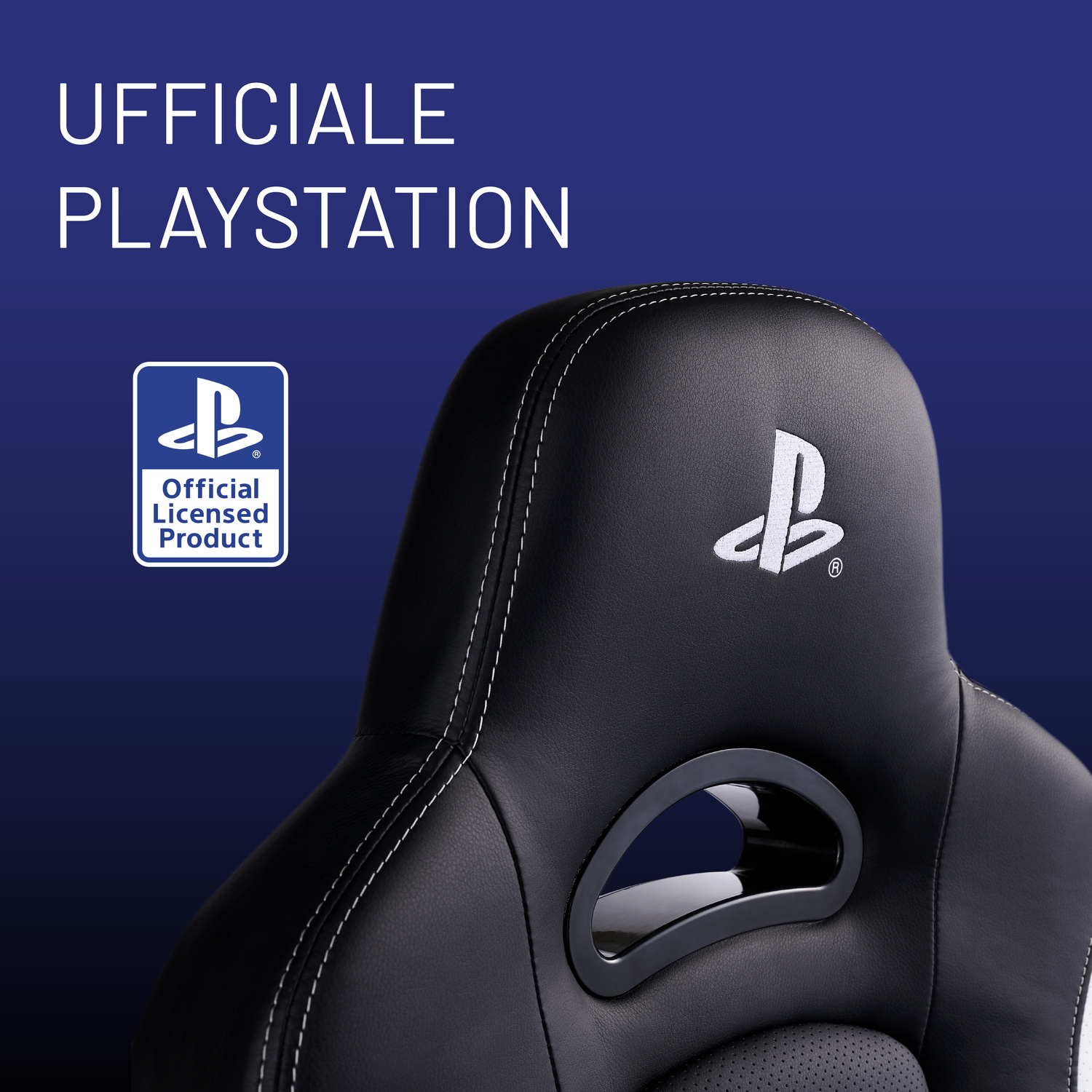 Sedia da gioco ufficiale PlayStation nera con logo e sfondo blu.