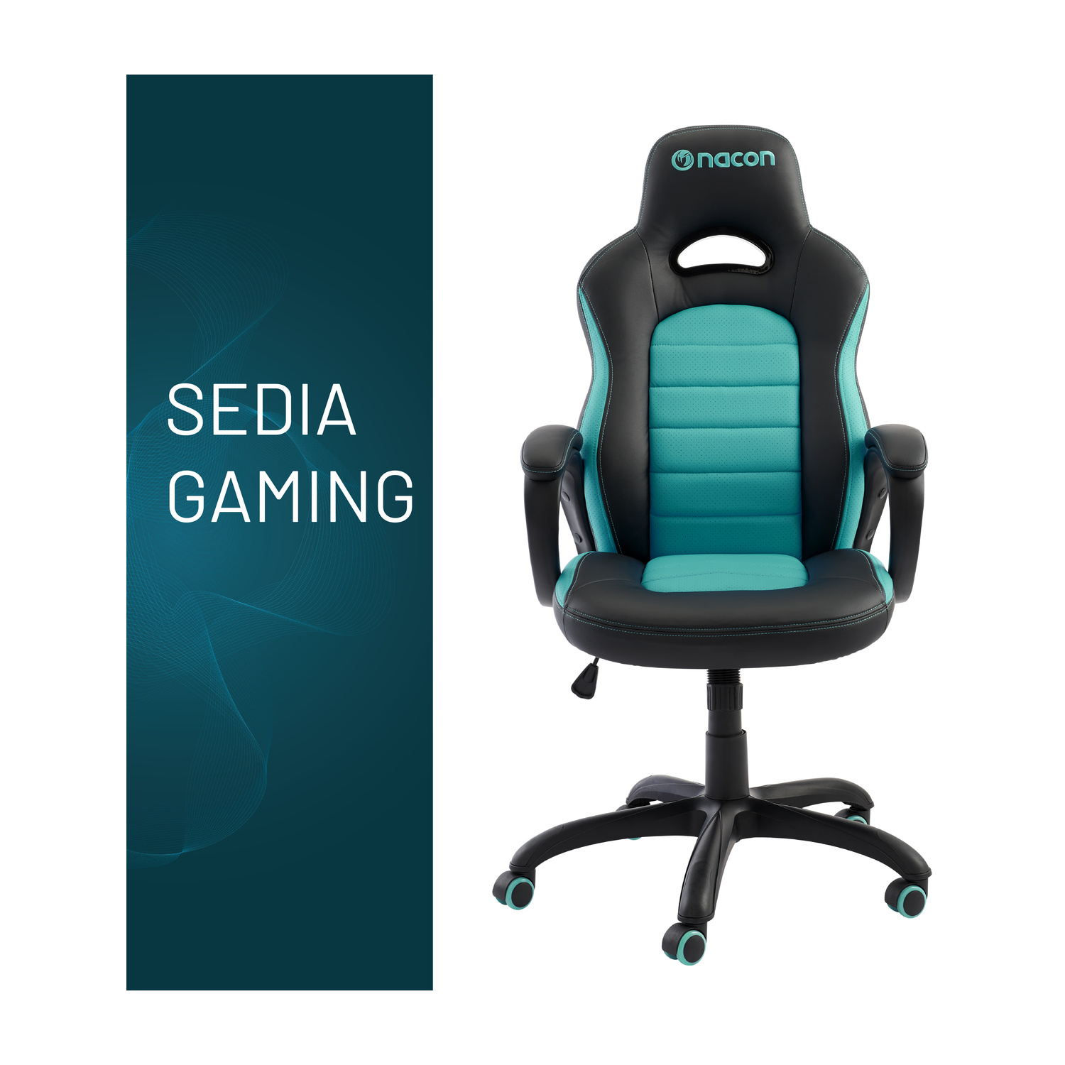 Una sedia da gaming Nacon nera e turchese con ruote, accanto a un banner blu scuro con testo bianco.
