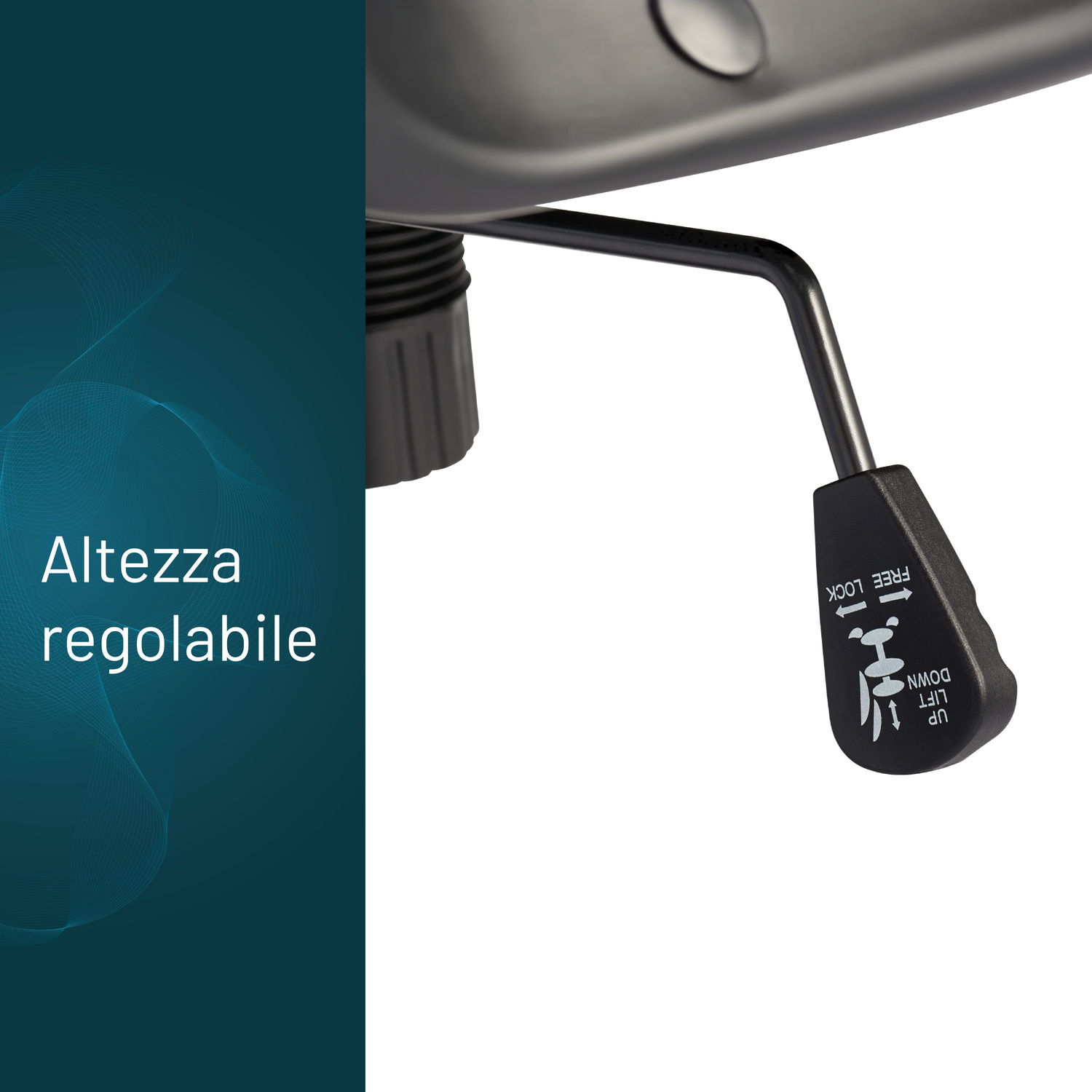 Primo piano di una leva di regolazione per sedia da ufficio nera con icone.