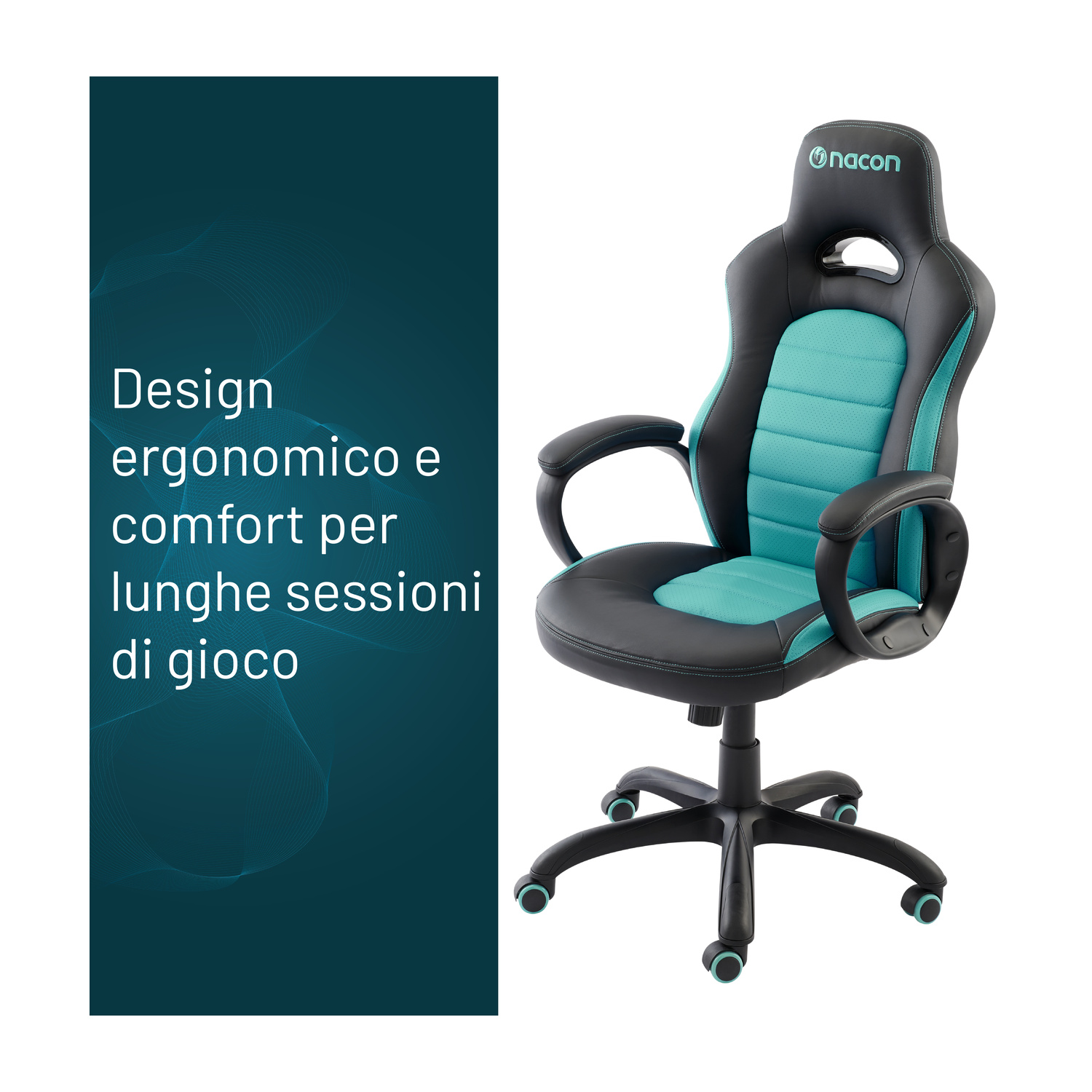 Una sedia da gioco ergonomica nera e turchese accanto a un pannello verde scuro con testo in italiano.