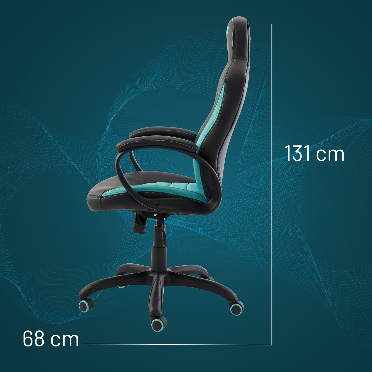 Vista laterale di una sedia da ufficio nera e turchese con dimensioni di 131 cm di altezza e 68 cm di larghezza su sfondo blu.