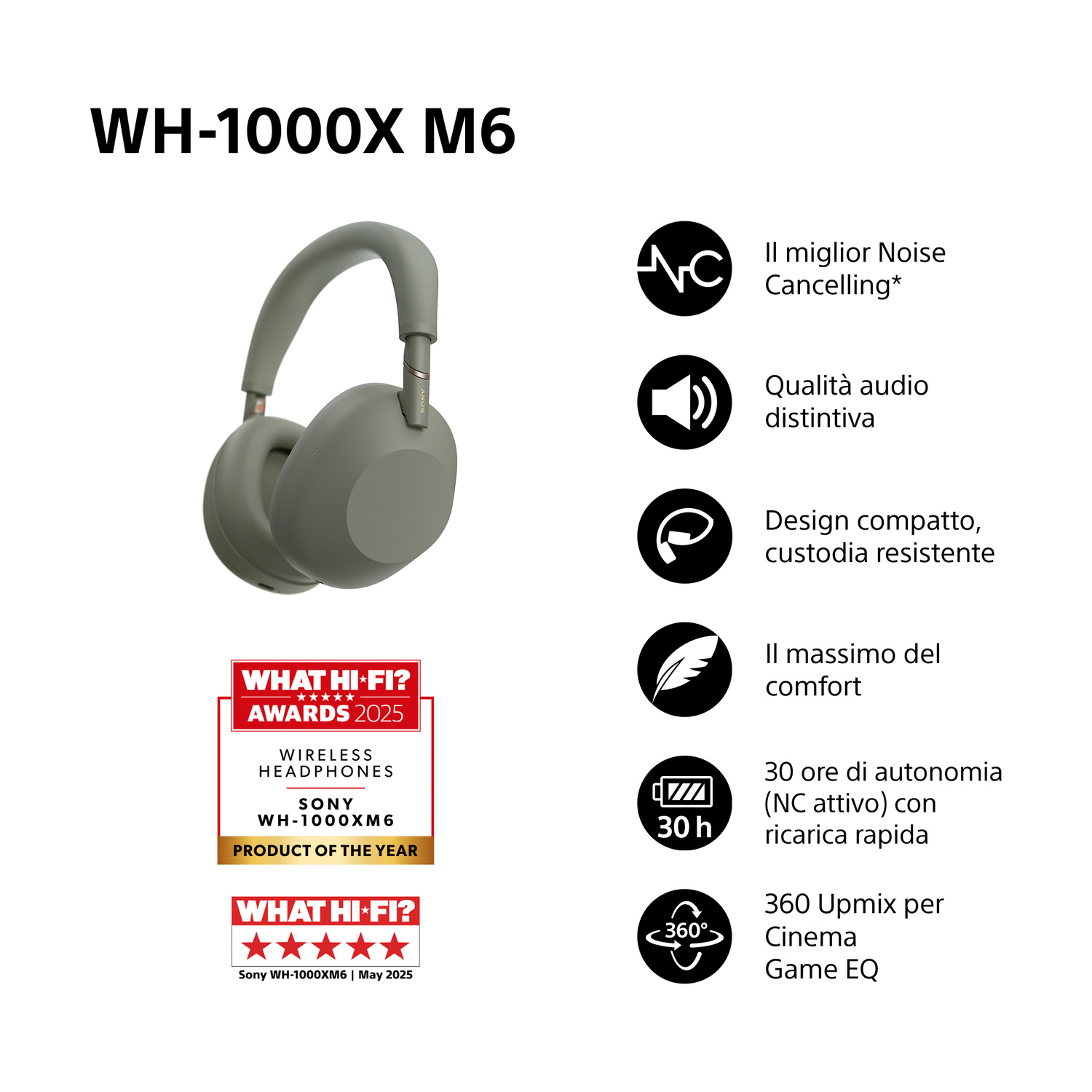 SONY WH-1000XM6 CUFFIE WIRELESS, OLIVE GREY