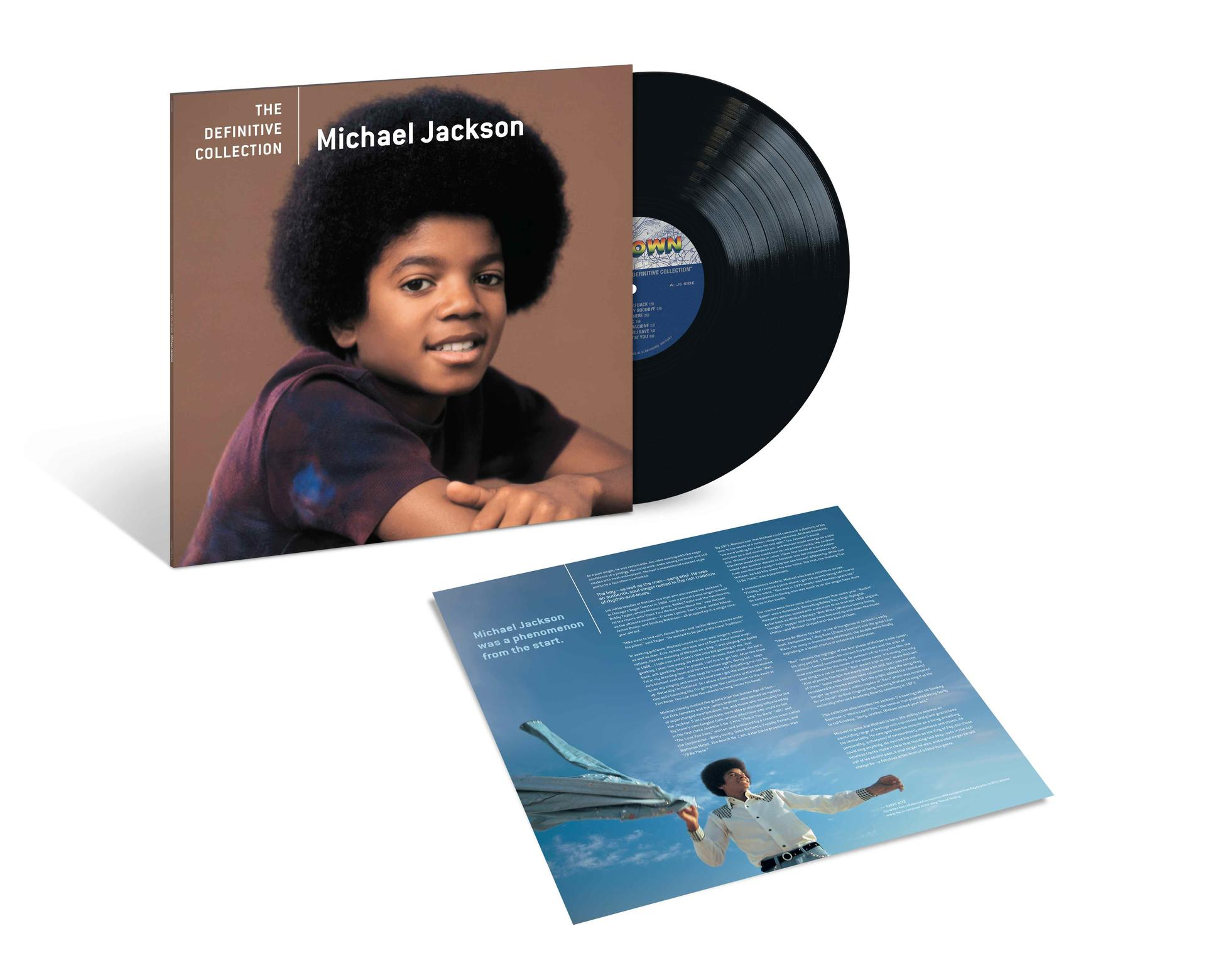 Albumcover und Schallplatte von Michael Jacksons The Definitive Collection mit einem Porträt des jungen Sängers.