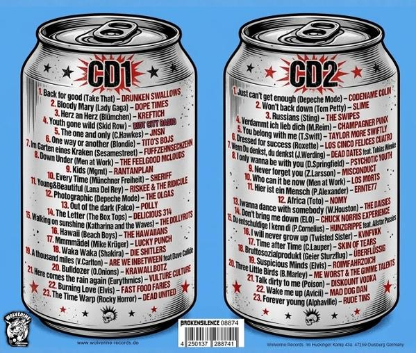 Zwei Getränkedosen mit Tracklisten für CD1 und CD2 in einer blauen Umgebung.
