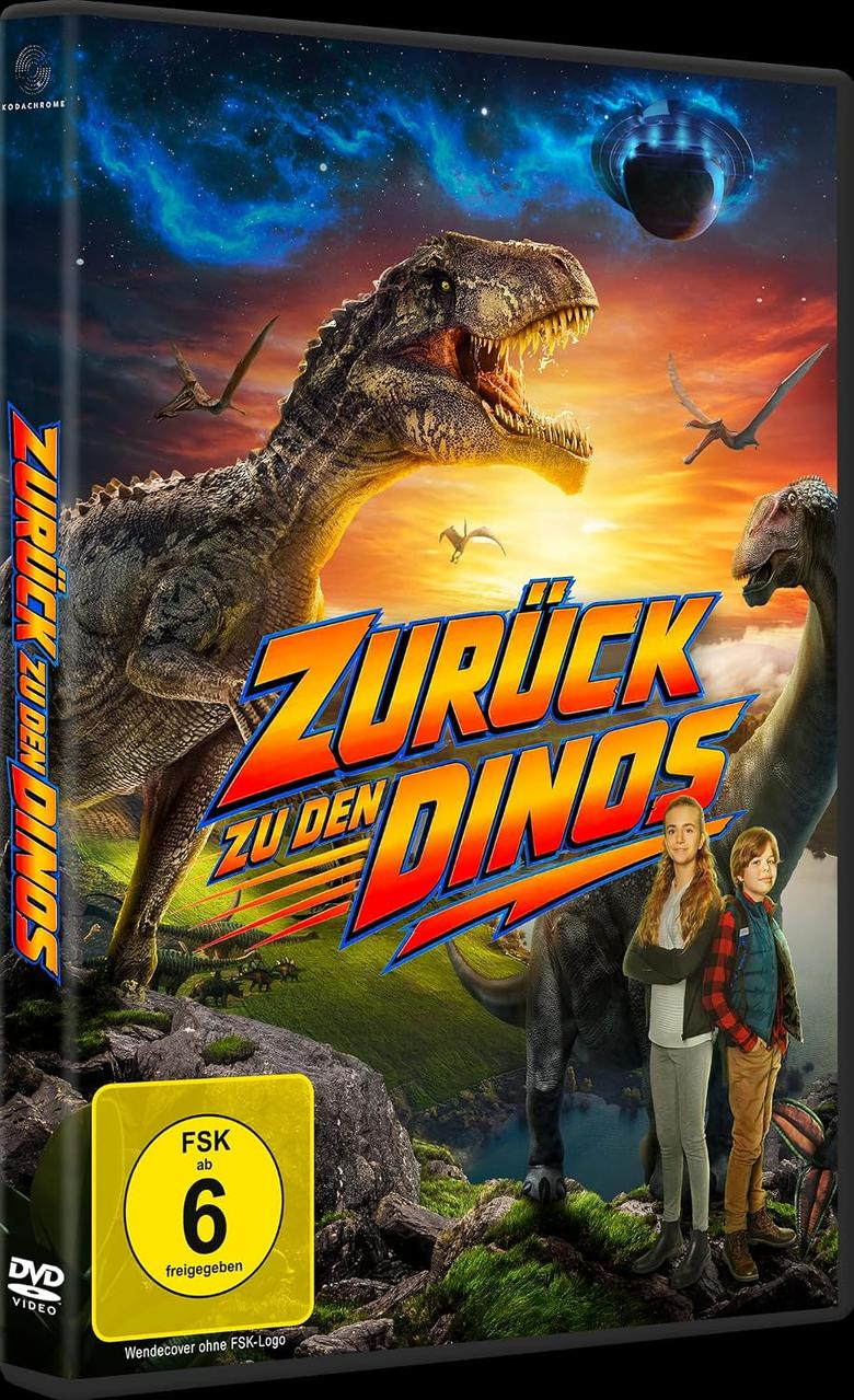 DVD-Cover mit Dinosauriern, einer fliegenden Untertasse, zwei Kindern und dem Titel Zurück zu den Dinos.