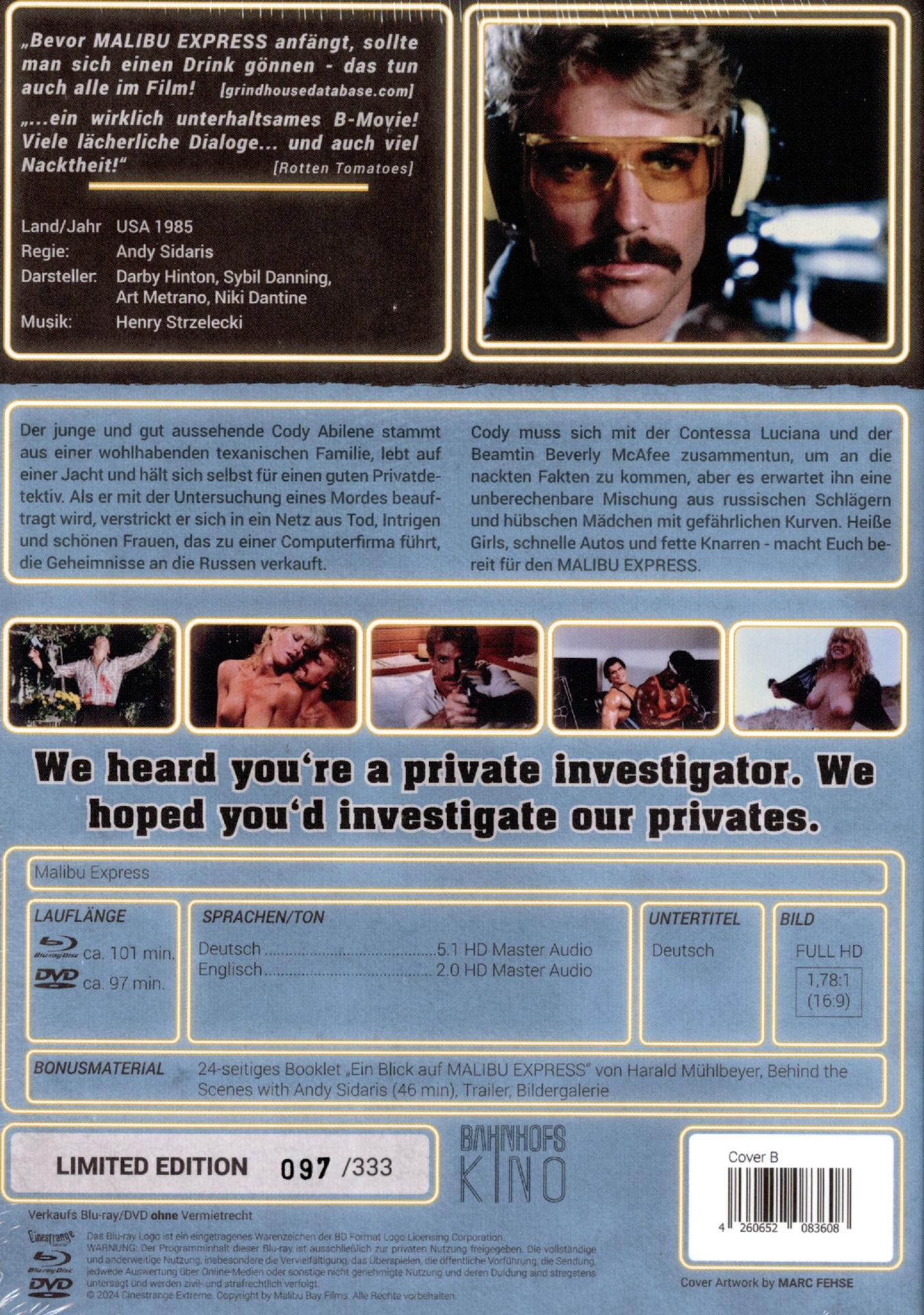 Rückseite der Blu-ray-Hülle des Films Malibu Express mit Texten, Filmfotos, Details und Barcode.